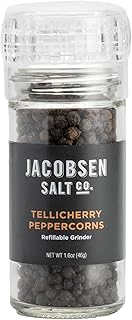 Tellicherry Peppercorn Grinder - Fresh Black Whole Pepper with Grinder, Manual, Great for Seasoning Steak & Chicken, Grilling Meat, Prefilled & Refillable - 1 oz (Pack of 1)