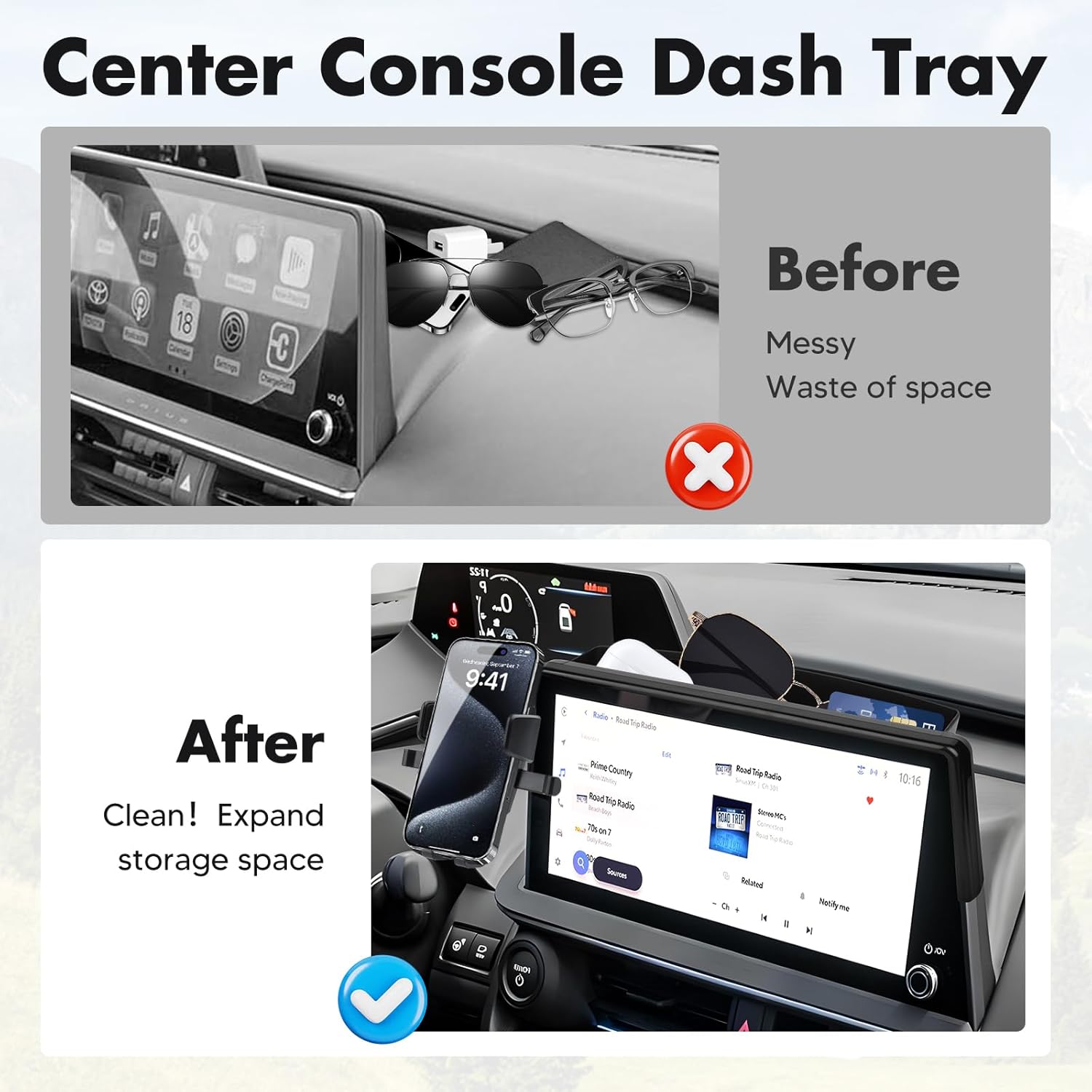 FIILINES Phone Holder for Toyota Prius 2023-2025 (Fit 12.3" Touch Screen), Phone Mount with Dash Organizer for Prius Accessories, 360 Degree Rotation Dash Mount Cell-Phone Holder