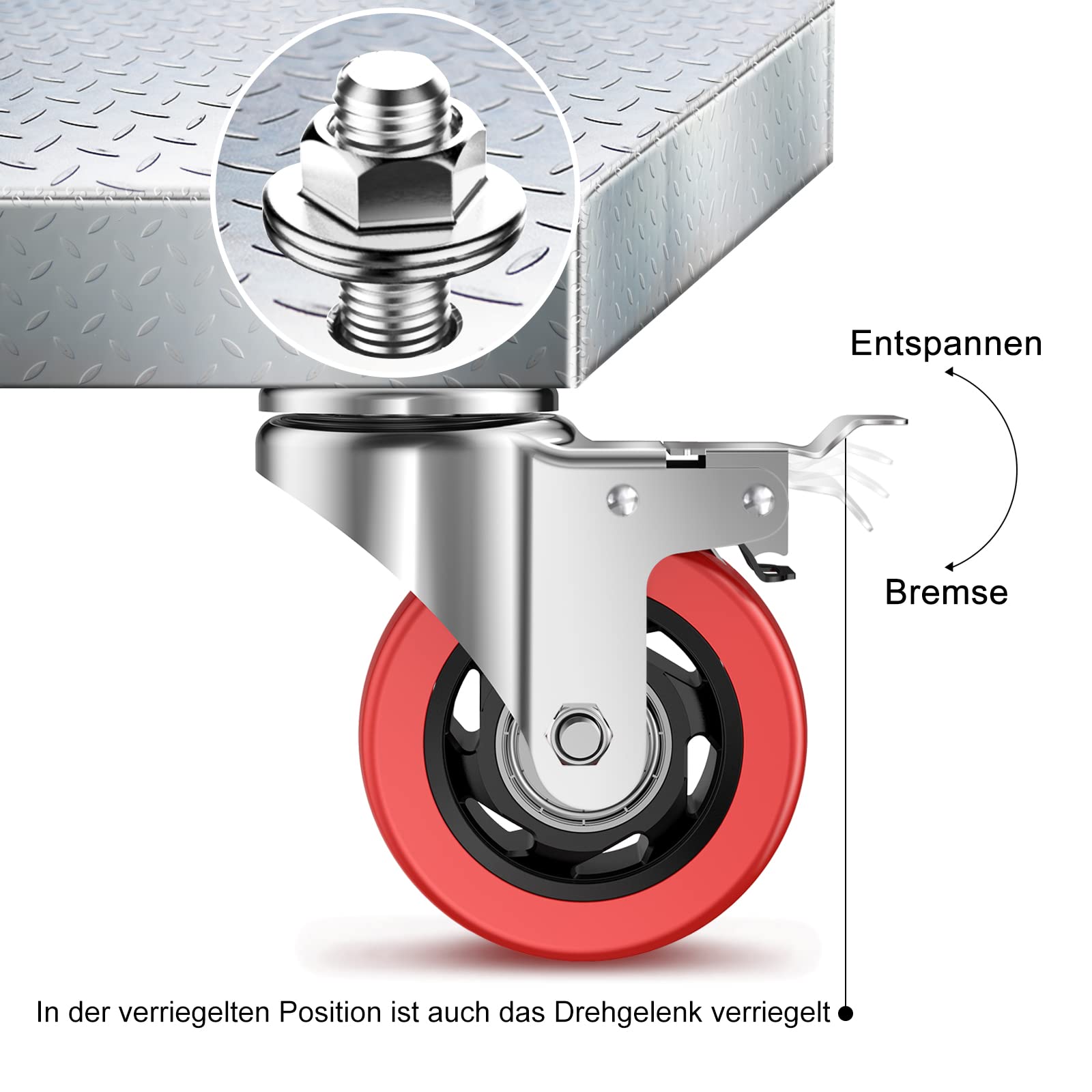 Lenkrollen 75 mm, Stielrollen mit doppelter Sicherheitsarretierung, robuste Transportrollen, aus Polyurethan-Gummibeschichtung, geräuschlose Möbelrollen mit Feststeller, 500 kg Gesamttragfäh