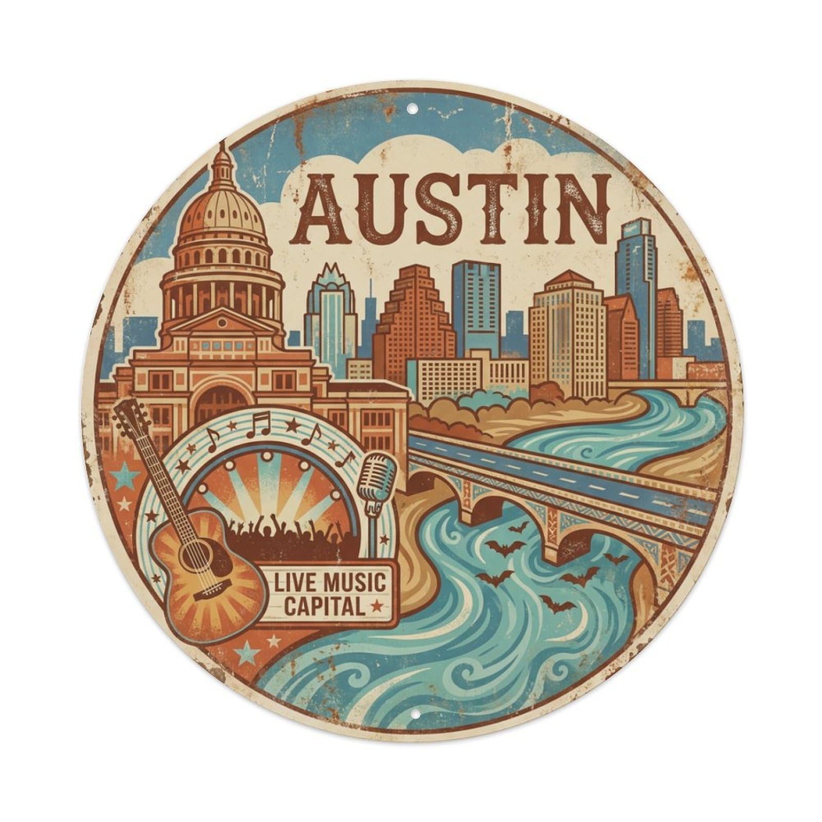 USA Vintage Travel Austin Metal Tin Sign