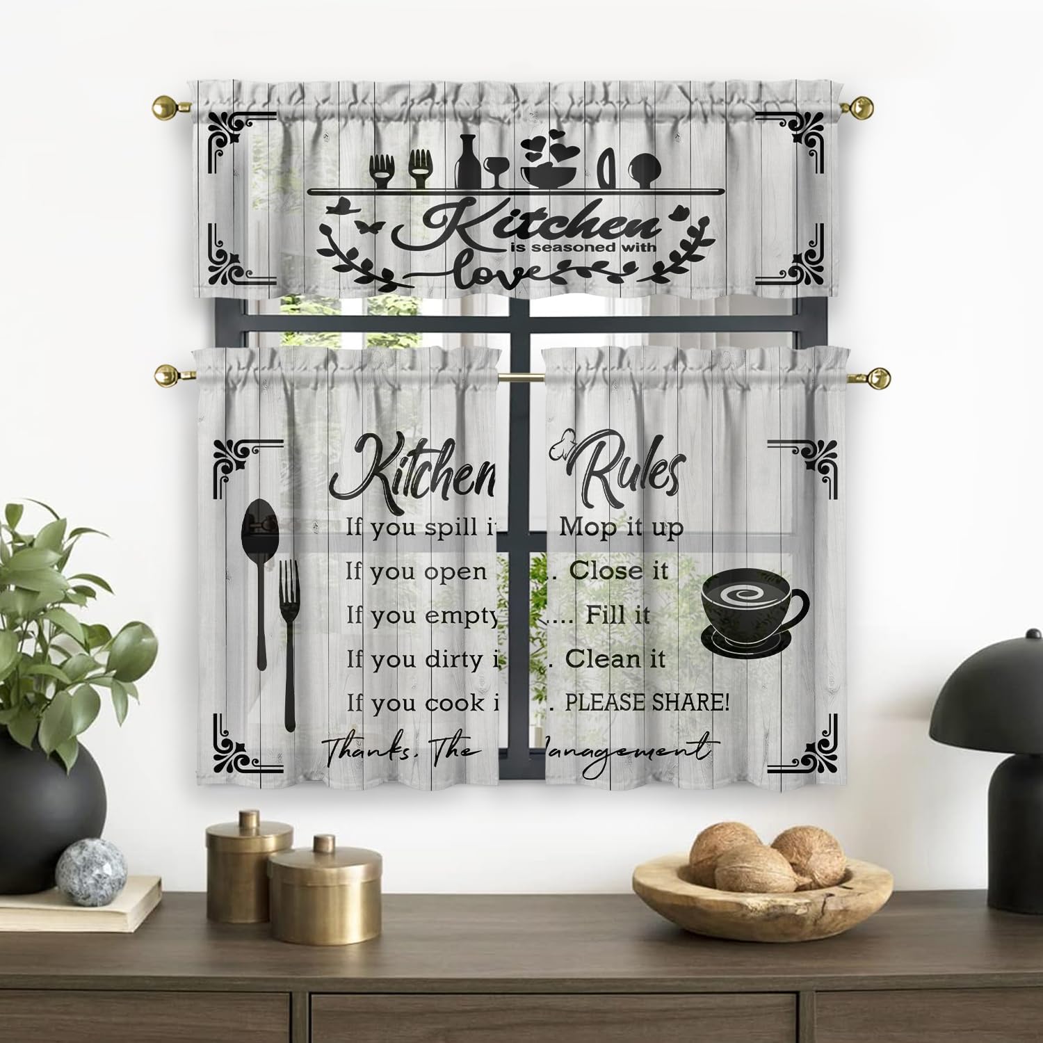 Kitchen Rules Curtains Valances and Tiers Set for Windows, Cafe Bathroom Window Curtain Valance 3 Piece Sets,Kitchen Decor for Living Room,54''x 36''