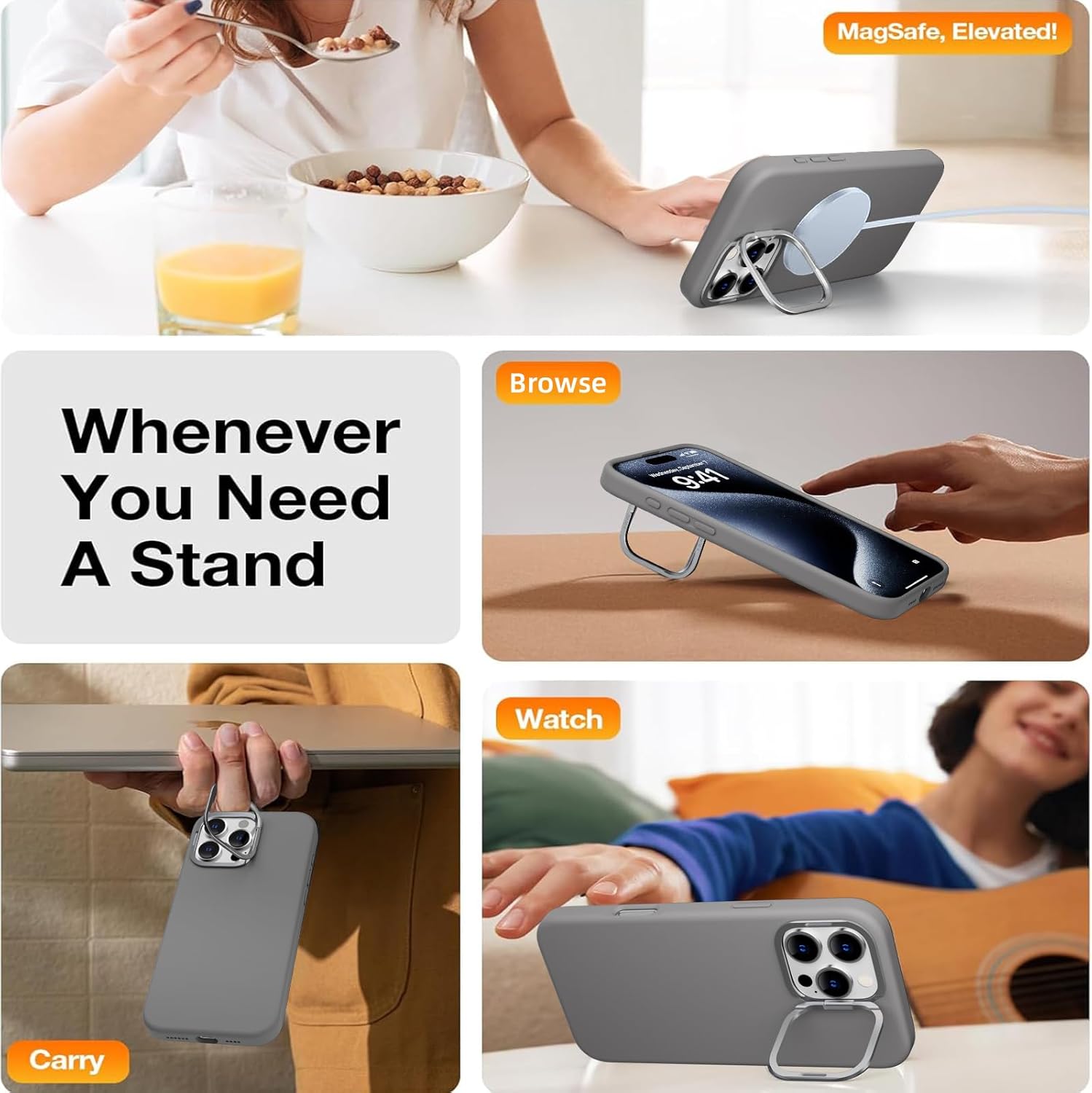 Magnetic for iPhone 16 Pro Case Silicone with Invisible Camera Ring Stand, Compatible with Magsafe, Silky Soft Touch 16 Pro Phone Case with Microfiber Lining Anti-Scratch Shockproof Case 6.3", Grey