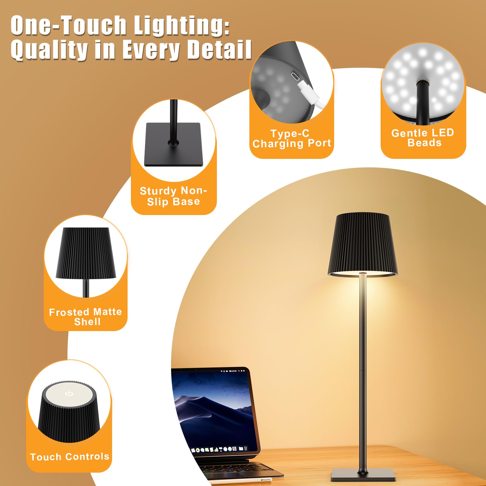 Lampara de Mesa LED Inalámbrica Lámpara de Mesa bateria Recargable con Tapón de Vino y USB-C, Lamparas Mesita Regulable para Restaurante, Dormitorio, Camping, Salon, Negro