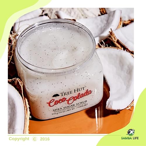 Miniatura 3 de Tree Hut - Exfoliante de azúcar de karité Coco Colada con esponja de baño y ducha de malla Samba Life para un exfoliante corporal y libro