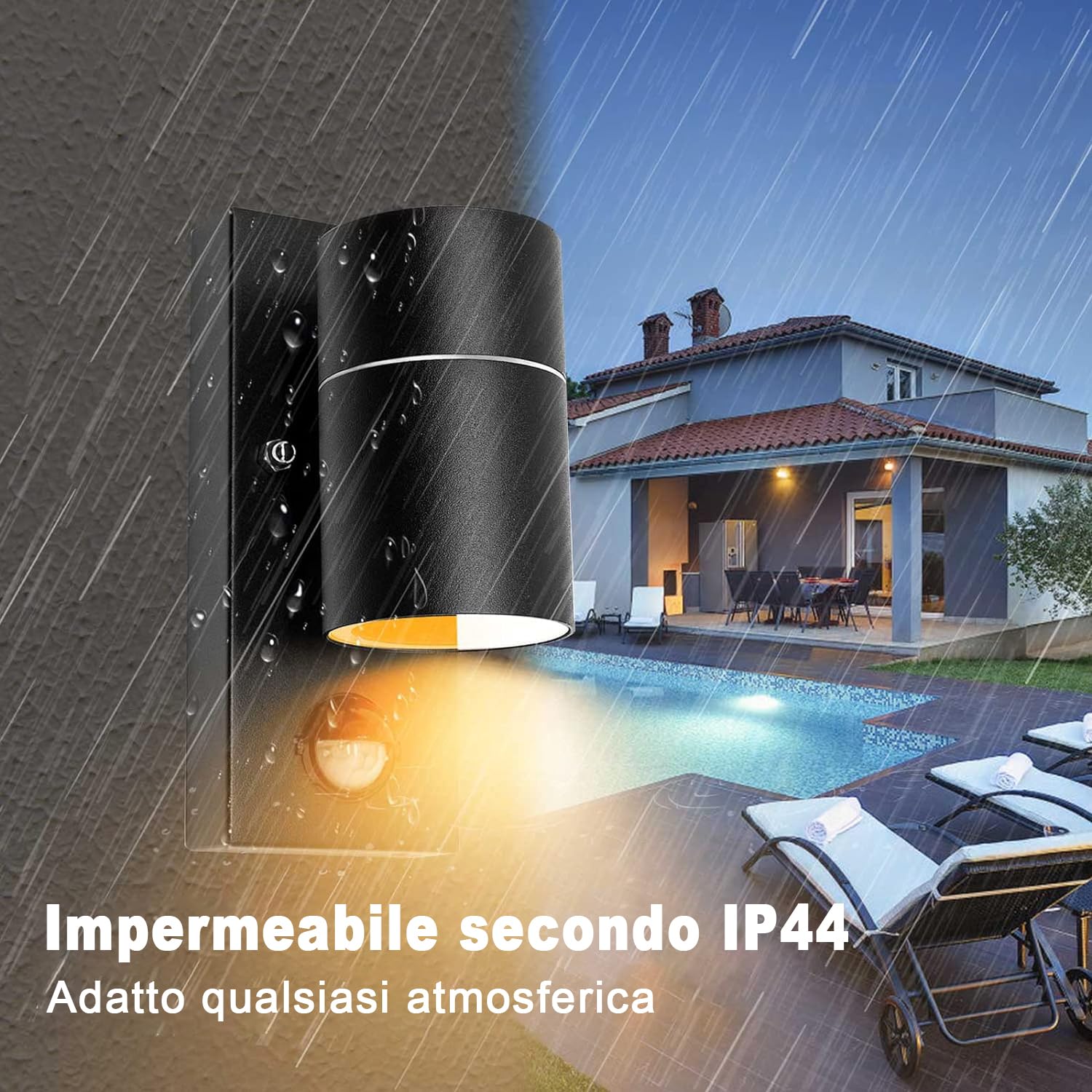 Applique da Esterno/Interno LED con Sensore di Movimento GU10,Luce Calda 5W,Lampada da Parete Esterno IP44 Faretto da Parete Moderno Nero per Scala,Corridoio,Balcone,Villa Bagno