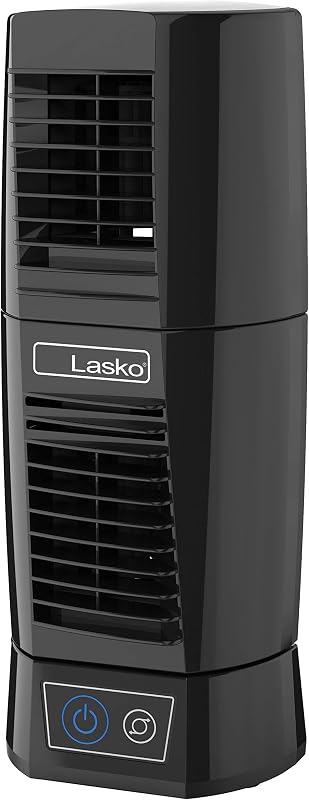 Lasko T13310 Ventilador de torre de mesa oscilante personal: pequeño, silencioso, portátil, enchufable eléctrico, mini ventiladores de escritorio para mantenerse fresco en el hogar y la oficina, de día y de noche, negro