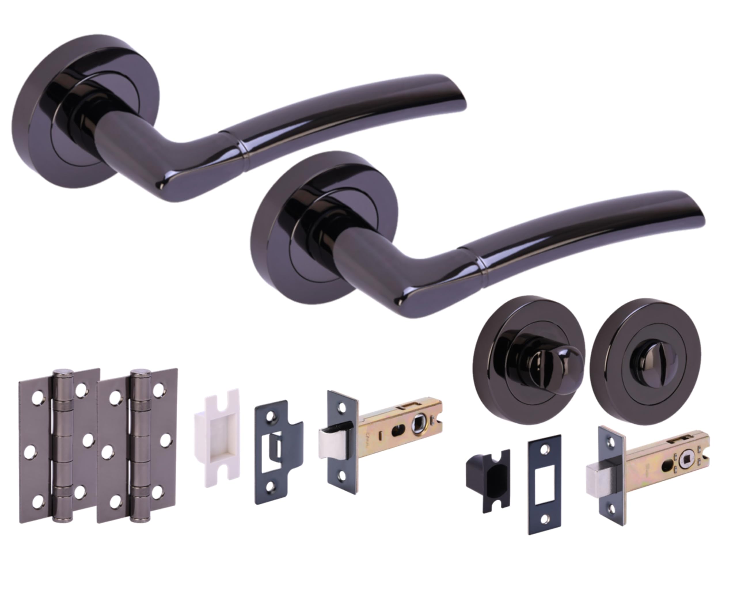 Hunta HANDLEZONE® Neemo Door Handles on Rose Bathroom Deadbolt Pack with Ball Bearing Hinges - Black Nickel