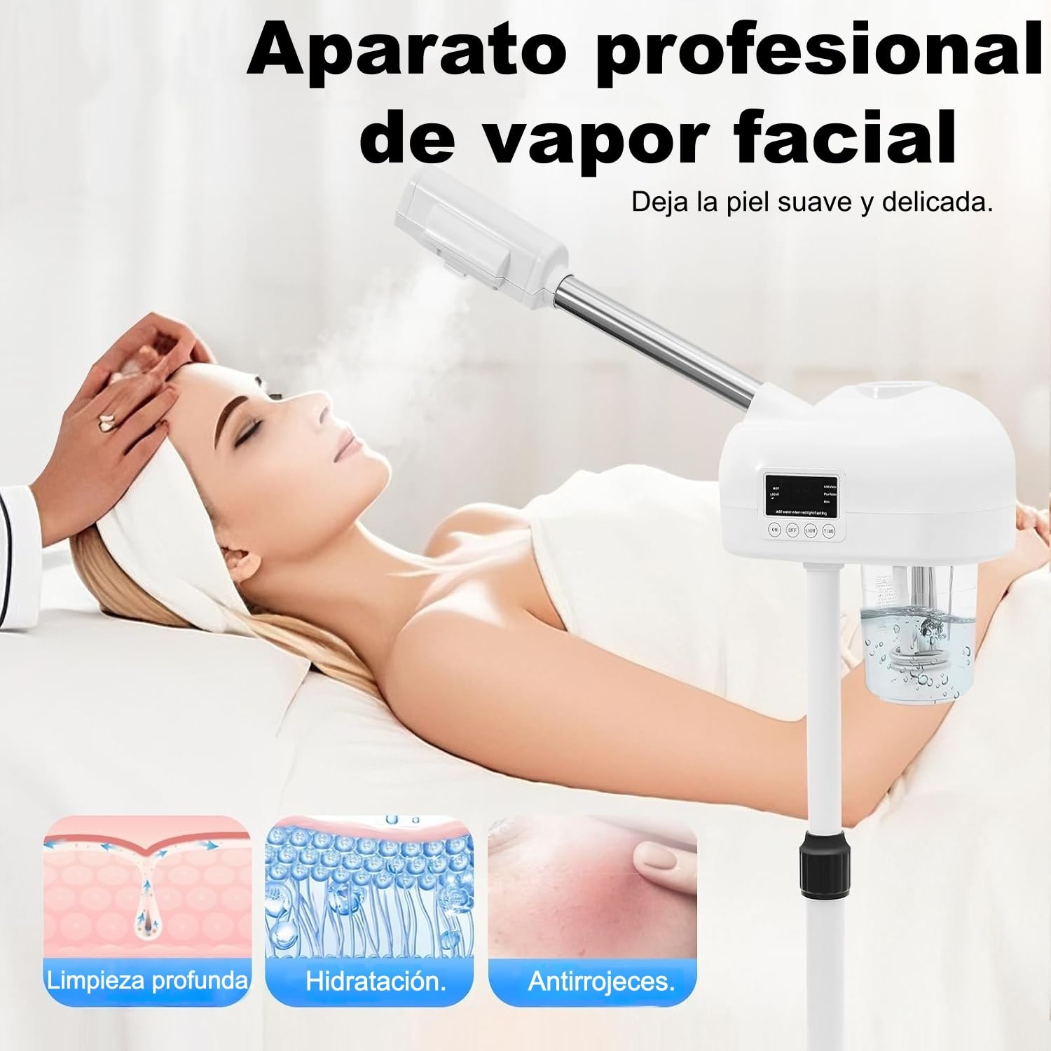 Vaporizador facial a 42 °C, vaporizador multifuncional, con boquilla giratoria de 360 grados y panel de control LCD, profesional para salón y hogar