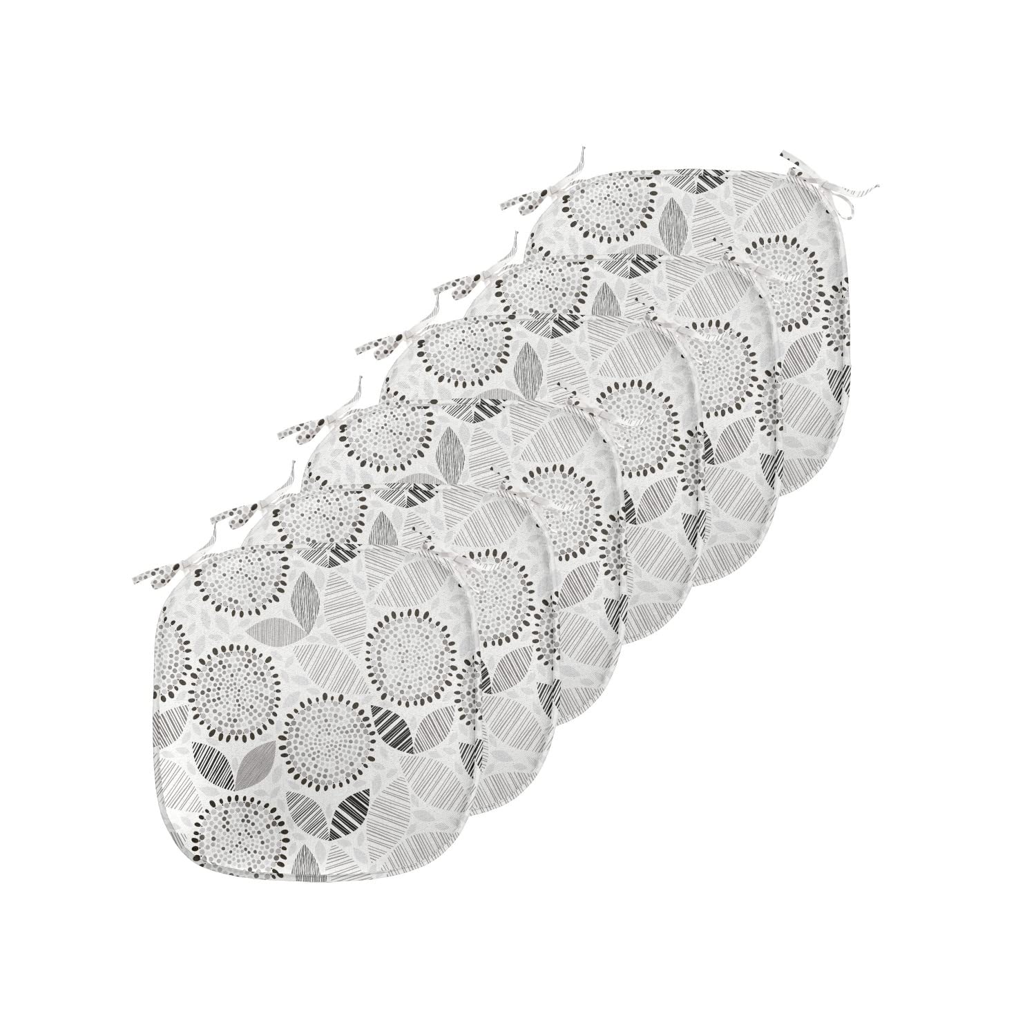 Lunarable Sketch Chair Seating Cushion Set of 6, Grayscale Pattern of Round Abstract Flowers with Striped Leaf Nature, Anti-Slip Seat Padding for