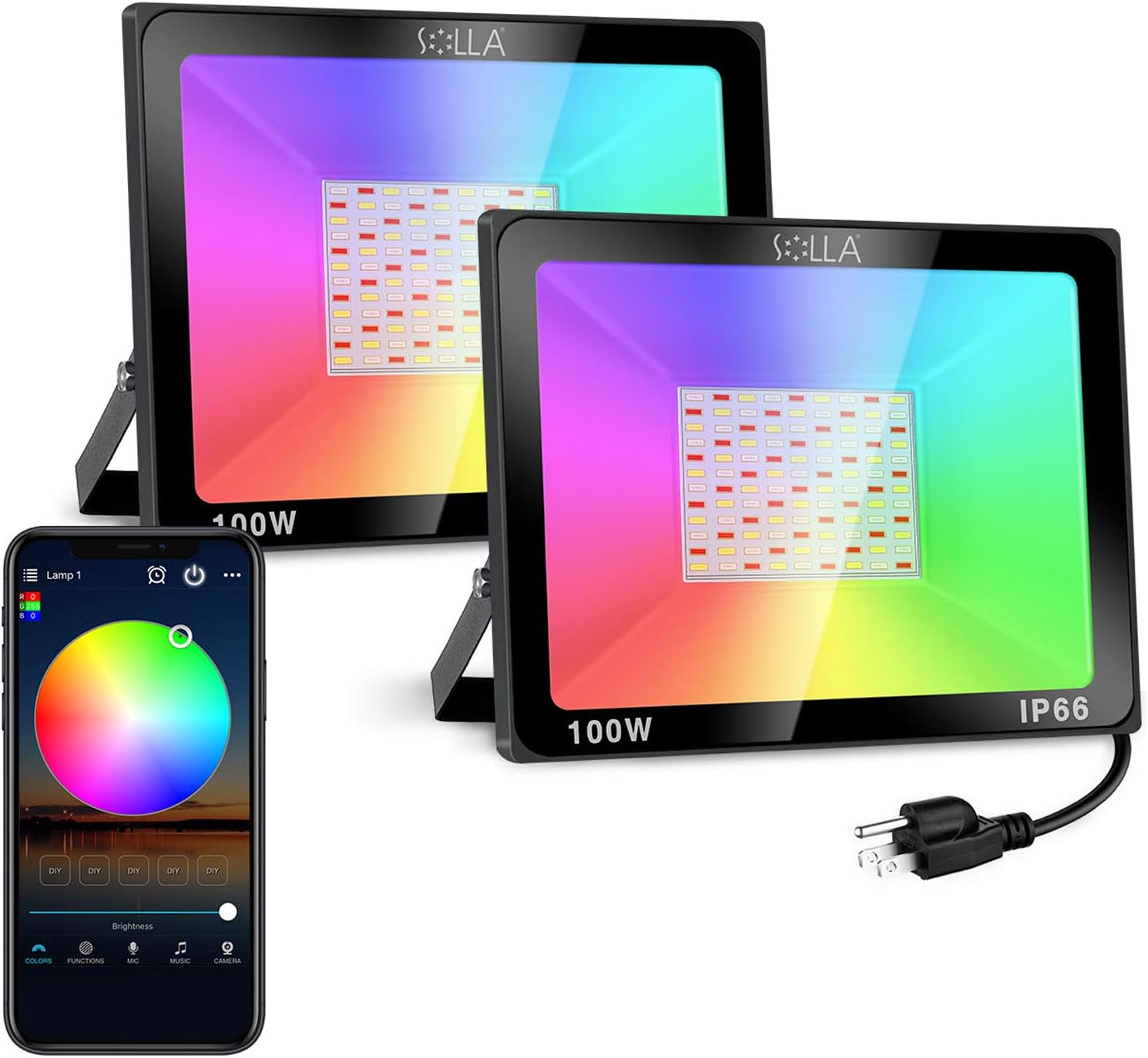 Super Big Clearance! 2 Pack 100W RGB Smart LED Flood Light, SOLLA Bluetooth Dimmable Color Changing Light Outdoor Stage Landscape Lighting, 20 Modes & 16 Million Colors, Timing, Music Sync, Group Control, IP66 Waterproof