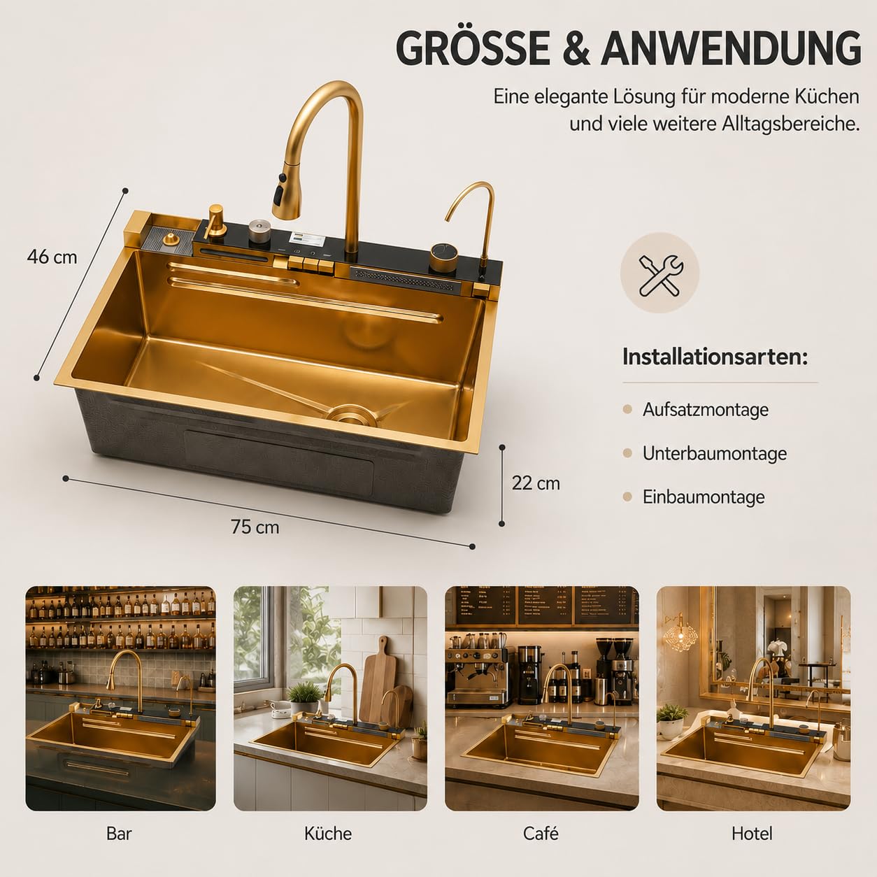 Évier de cuisine multifonction cascade robinet amovible plusieurs variantes de bec avec nettoyant pour tasses et distributeur de détergent 75 x 46 x 22 cm Doré