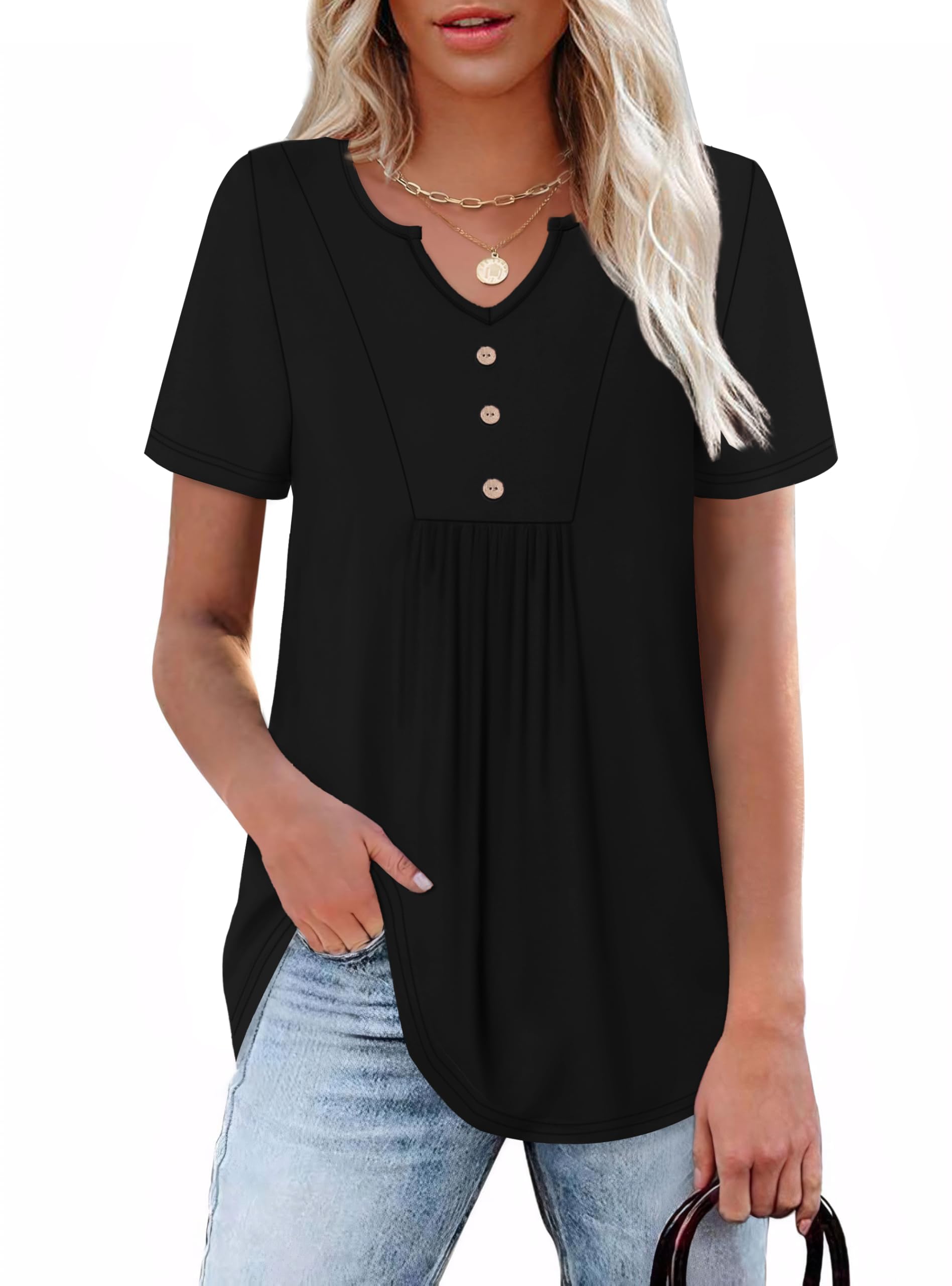 WIHOLL Women Summer Tops Short Sleeve Shirts V Neck Button Dressy Casual Pleated Blouses Fashion Outfits