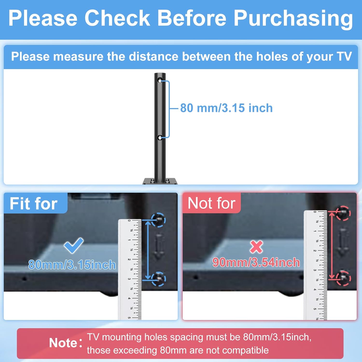Diagram showing how to measure TV hole spacing, highlighting 80mm as compatible and 90mm as incompatible.
