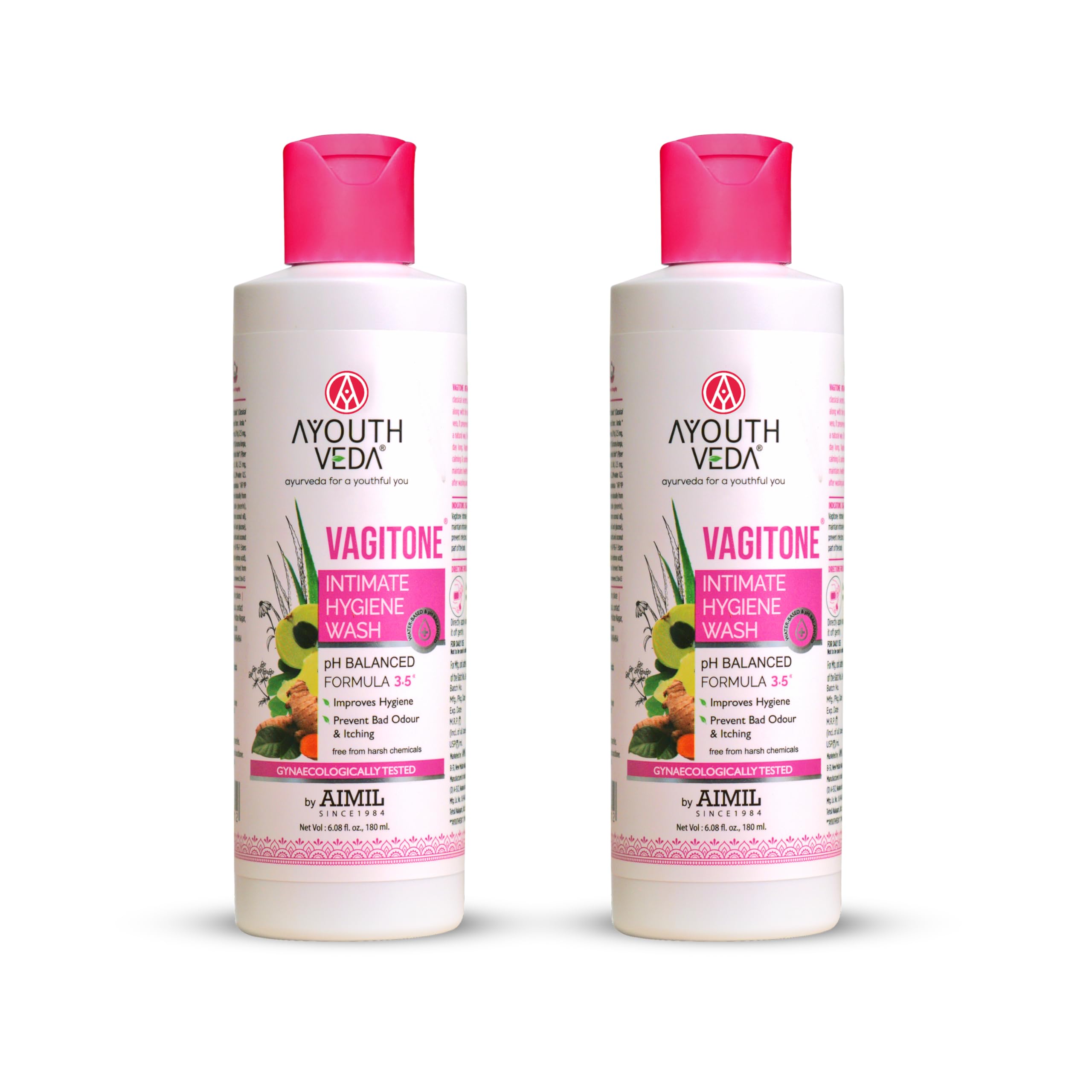 Ayouthveda Vagitone Intimate Hygiene Wash For Women | pH Balanced Daily Intimate Wash | Controls Odor, Itching & Dryness | Sulfate-Free, Gynaecologically Tested | With Sphatika, Green Tea & Aloe Vera | 180 ml (Pack of 2)