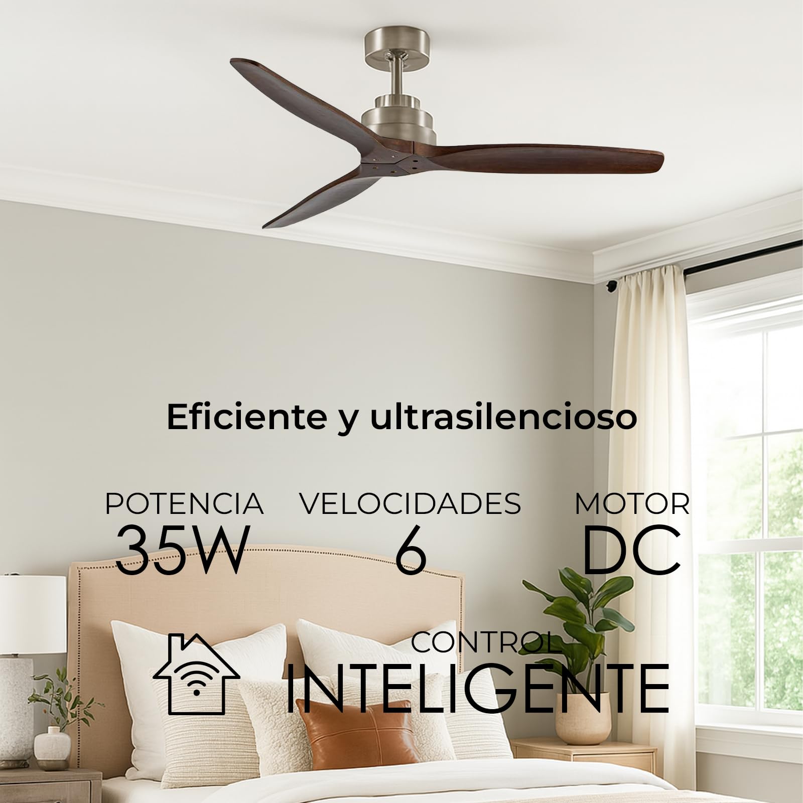 YOEVU HÉLIX Ventilador de Techo sin Luz, Mando a Distancia, 132 cm, Nogal