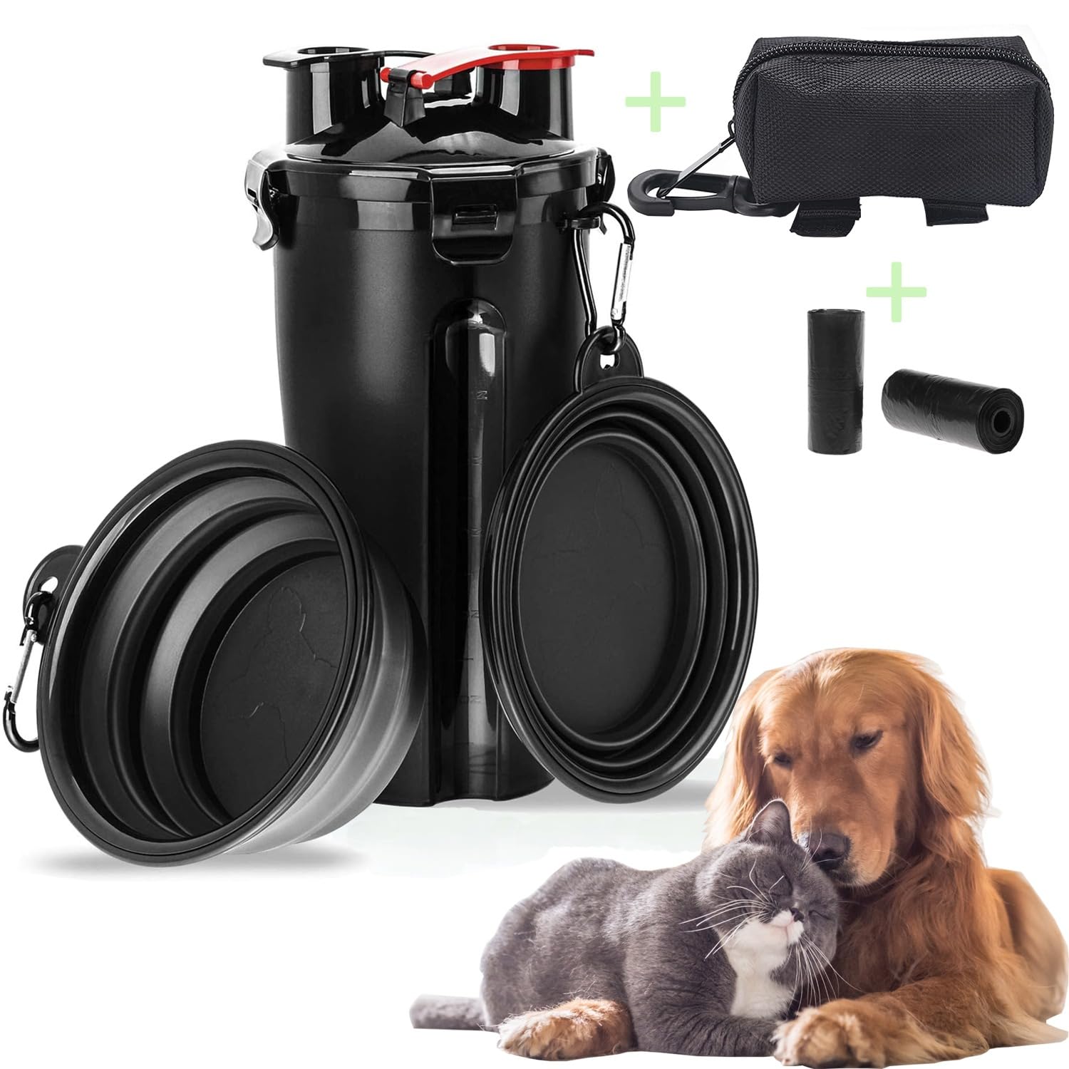 LOW&EE® Botella de Agua para Perro Portátil - Envase de Agua 2 en 1 para Comida y Bebida para Mascotas con 2 Cuencos Plegables - Bolso Dispensador Excrementos y 30 Bolsas (Negro)