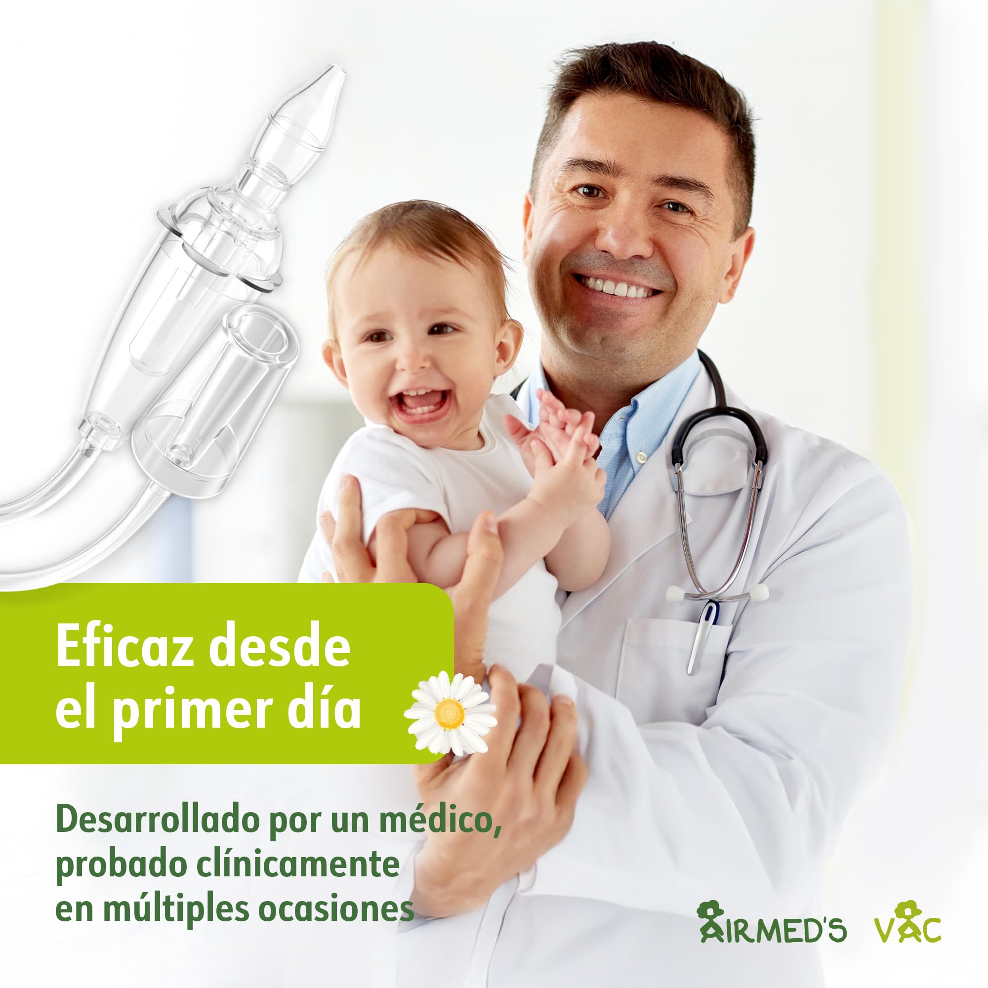 Airmed's Vac Aspirador nasal bebés. Clínicamente probado, seguro y suave | Nariz despejada en 3 segundos. Con 2 cabezales de succión y cepillo de limpieza incluido. Apto para todas las aspiradoras