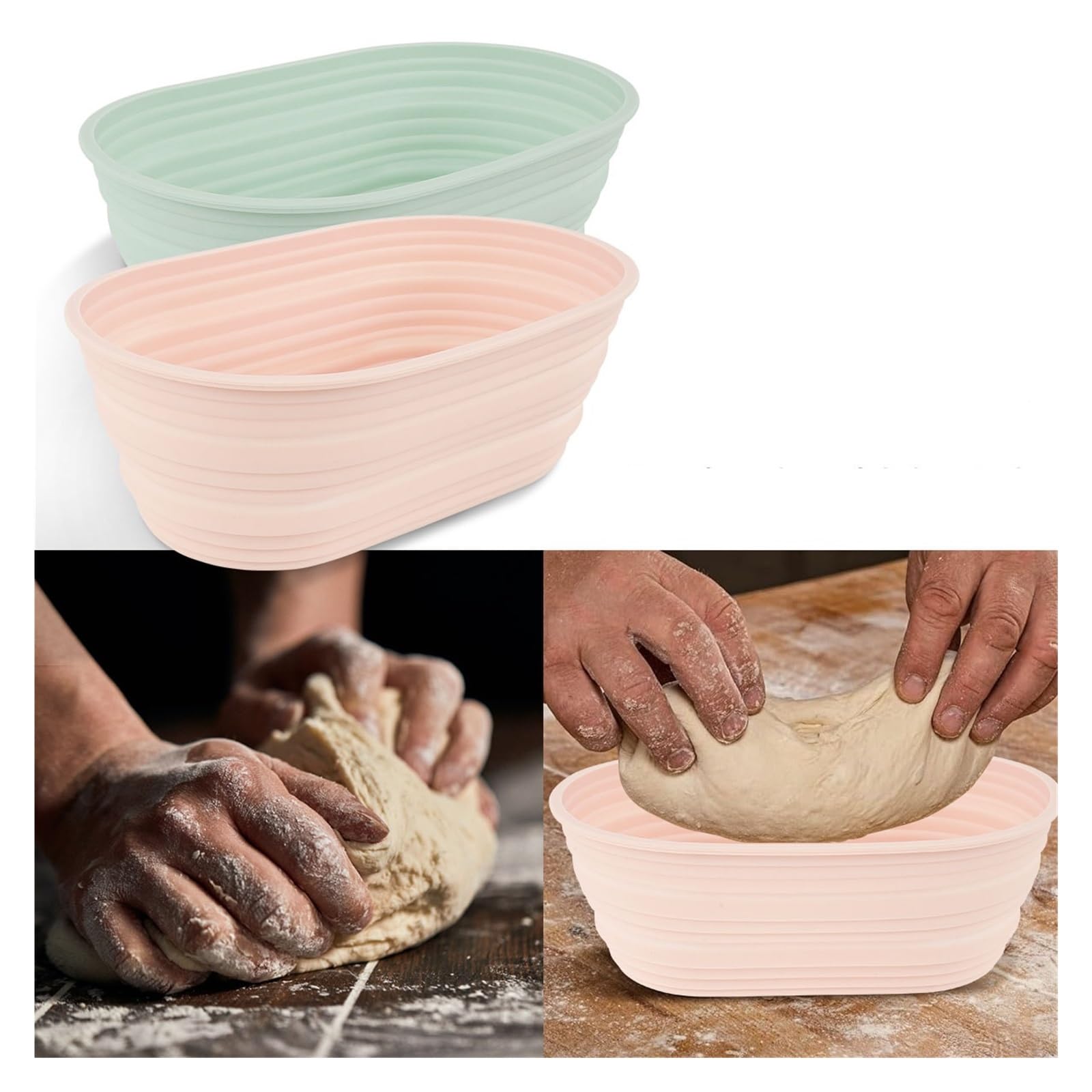 Koszyk do wyrastania ciasta, 2-częściowa silikonowa owalna miska do fermentacji ciasta do pieczenia w kuchni, narzędzie do wypieku chleba(Pink)