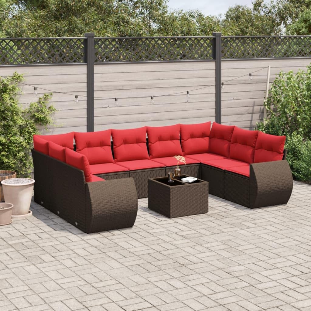 Set divano da giardino, 10 pezzi, polyratan marrone con cuscini e tavolo