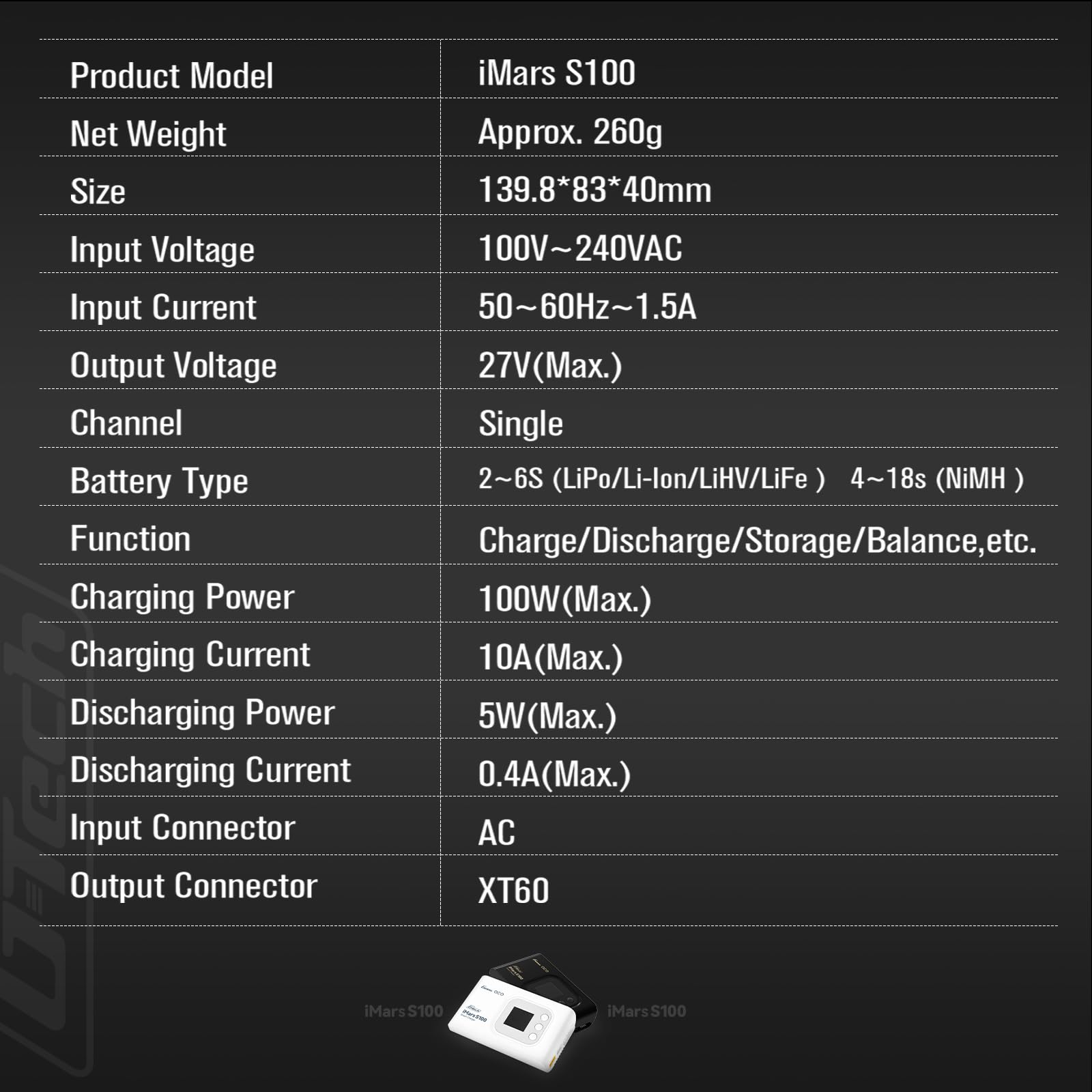 GensAce Imars S100 Balance ładowarka akumulatorów RC 100W 10A Deans T XT60 EC3 EC5 czarny