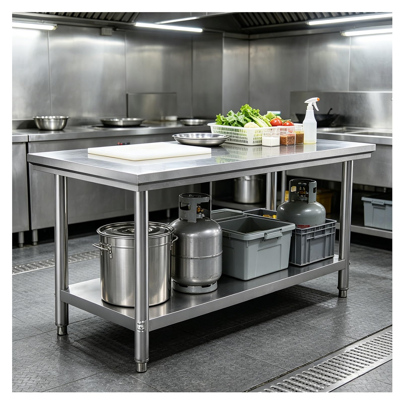 Mesa de trabajo de acero inoxidable con estantería inferior de dos niveles y patas ajustables