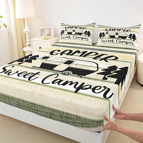 Miniatura 7 de Feelyou Juego de sábanas para cámper para niños y niñas, con sábana bajera ajustable de bolsillo profundo, juego de sábanas de camping feliz,