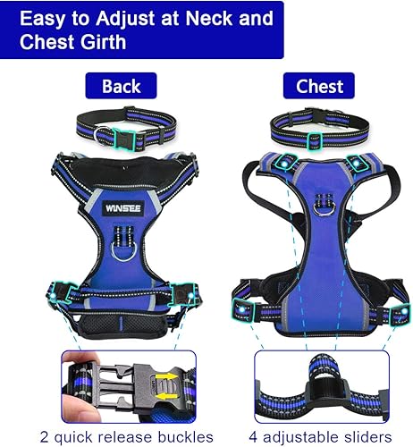 Miniatura 5 de WINSEE Arnés para perro sin jalones con collar chaleco reflejante ajustable Oxford, broches para correa delantero y trasero para perros pequeños,