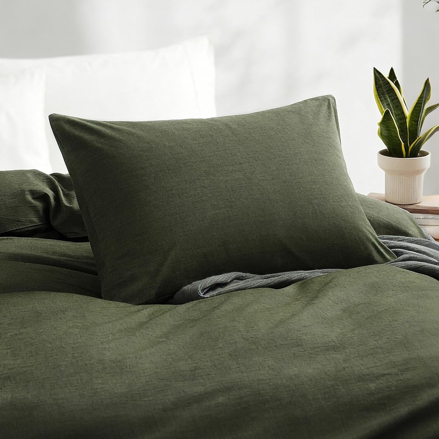 LOVQUE Olive Green Cotton Duvet Cover Twin Size, Linen Like Natural Bedding Set with Zipper Closure (No Comforter), 68x90 Inches