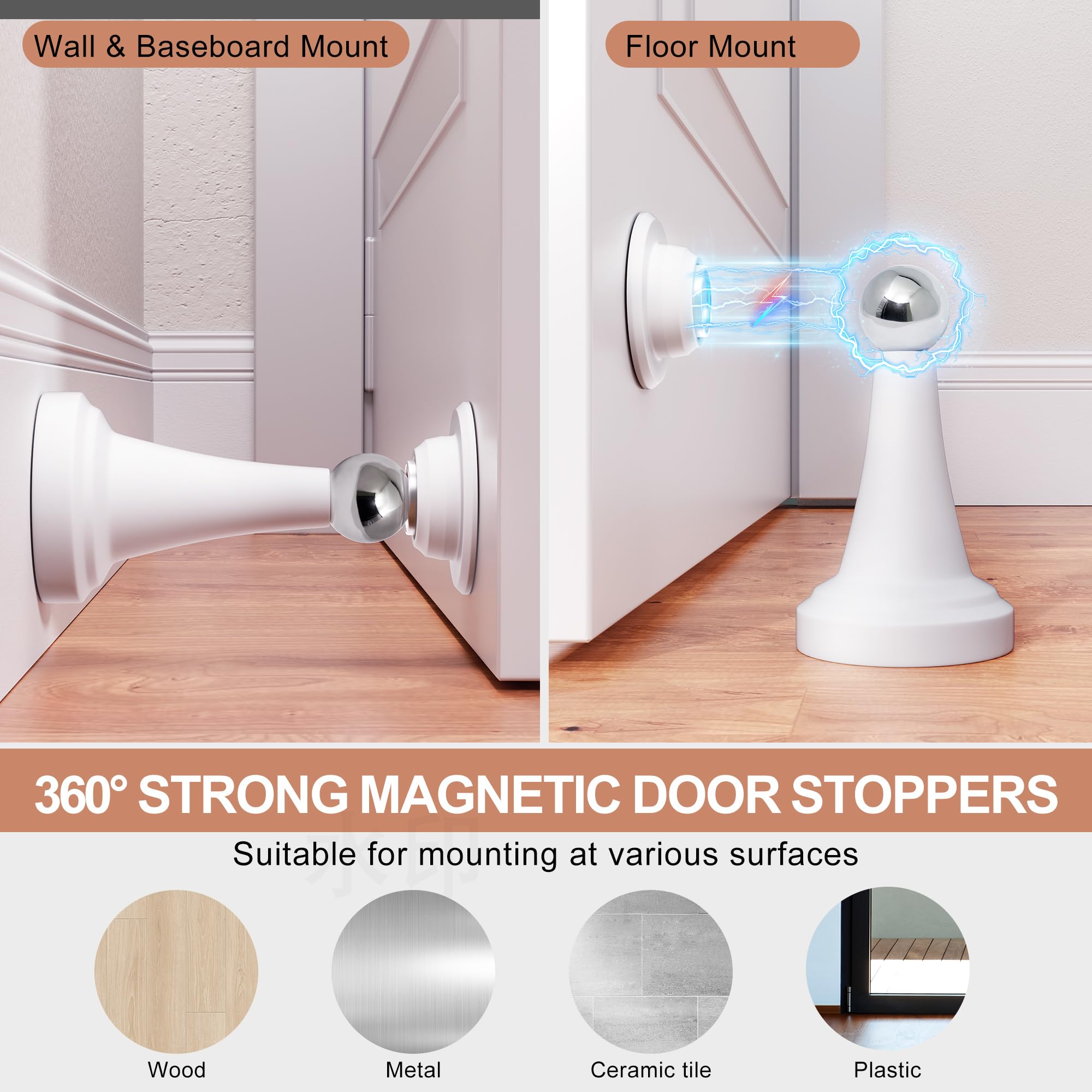 Topes magnéticos para puerta, acero inoxidable y goma, para montaje en pared y suelo, tope de puerta sin taladrar con cintas adhesivas, blanco, paquete de 4
