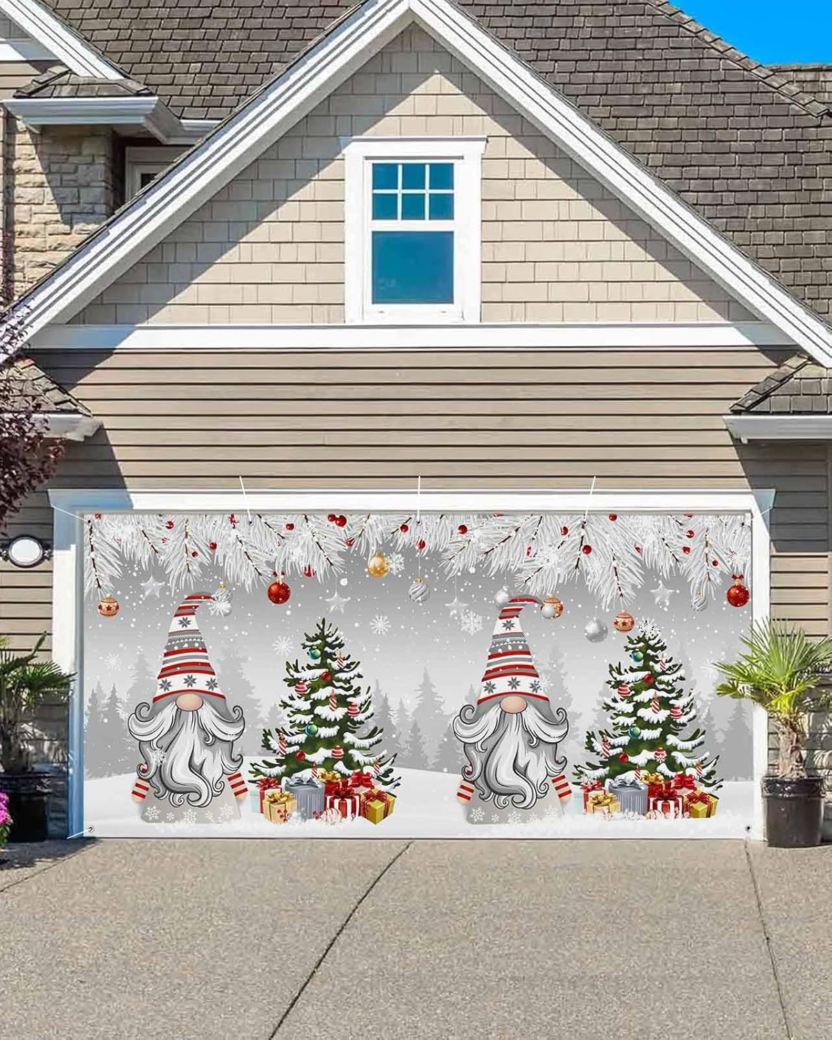 Christmas Balls Garage Door Banner Cover Decorations,Large Outdoor Hanging Garage Door Covers Christmas Thanksgiving Halloween Wall Backdrop for Party,Snowy Gnomes Gift Tree Silver Grey 6.8x8ft