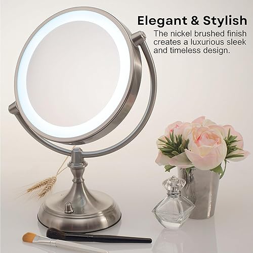 Miniatura 4 de OVENTE Espejo de maquillaje de mesa iluminado de 9 pulgadas con aumento 1X5X, espejo de tocador de aumento de doble cara con luces LED regulables,