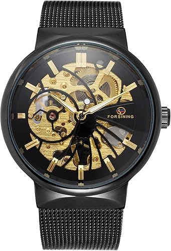 Miniatura 2 de FORSINING Reloj mecánico popular de esqueleto de malla de acero inoxidable ultrafino para hombre