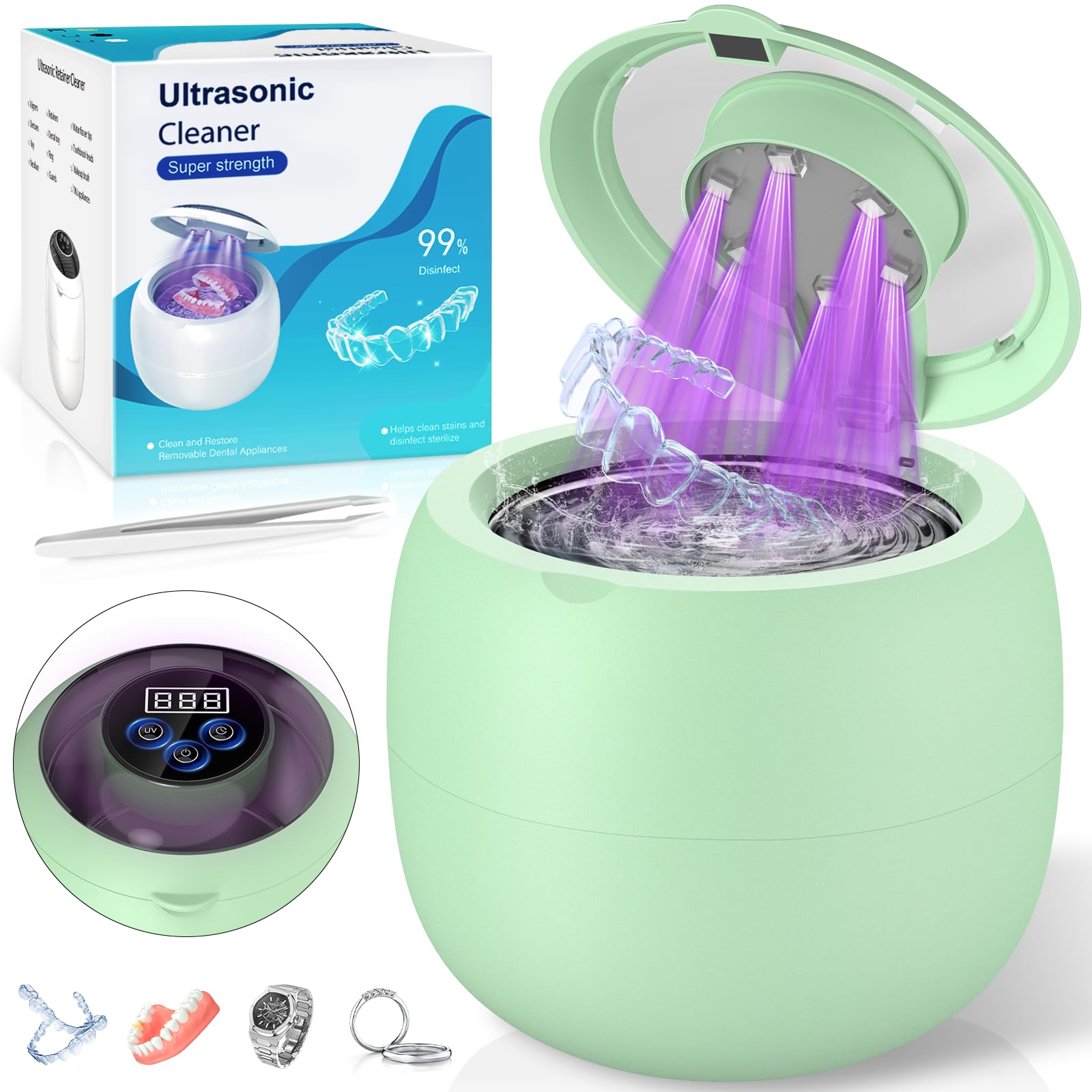 Pulitore Ultrasuoni Cordless 48000Hz, 210ML Portatile Ricaricabile Ultrasonic Cleaner con 6 Luci Automatiche di Pulizia UV Per Protesi, Allineatori, Apparecchi Ortodontici, Gioielli
