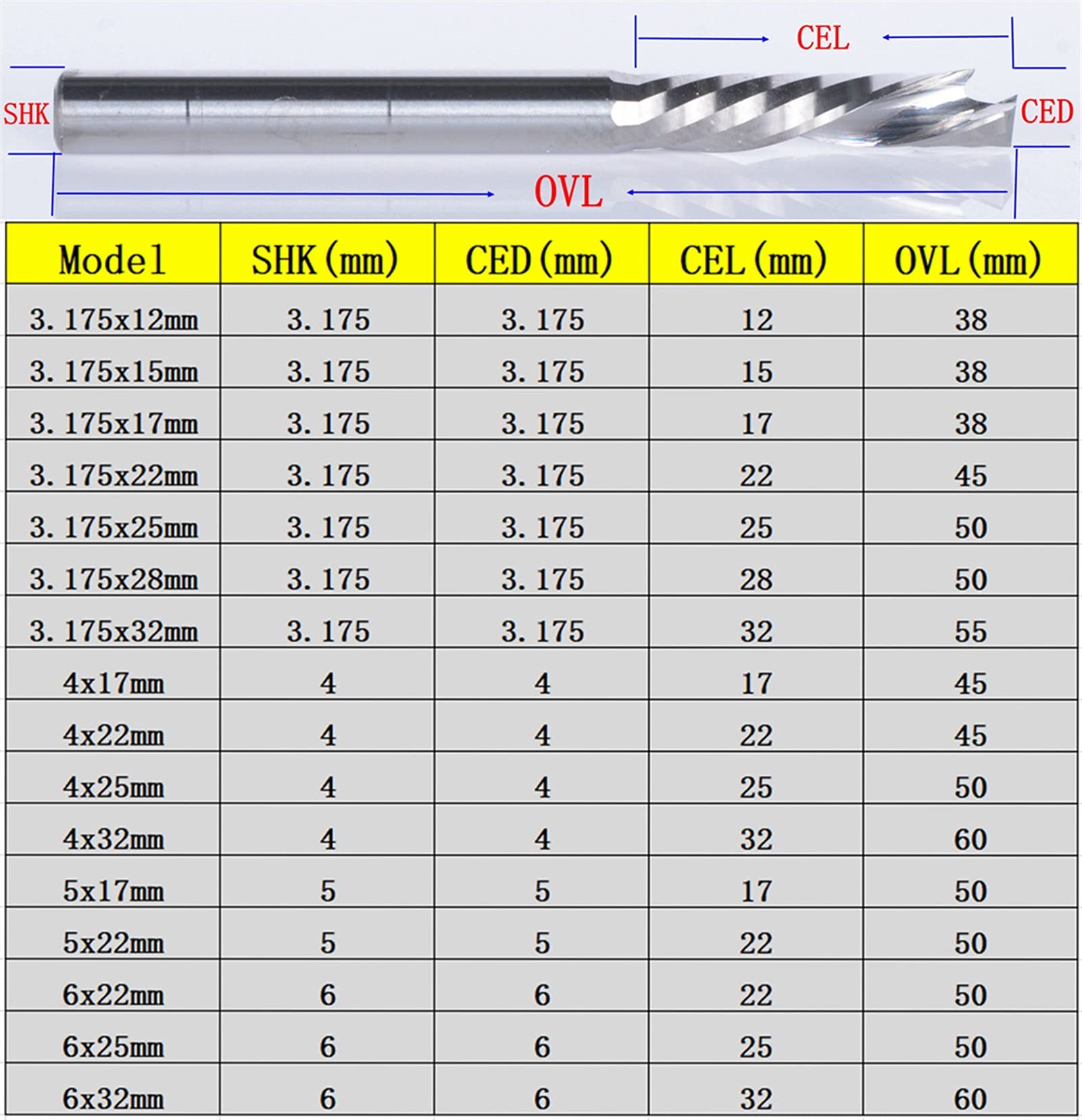 BERWENNY 10Pcs 3.175/4/5/6/8mm Up Down Cut 1 Flutes Spiral Carbide End Mill Tool Milling Cutters for CNC Router Bit (Dimensions : 6x32)