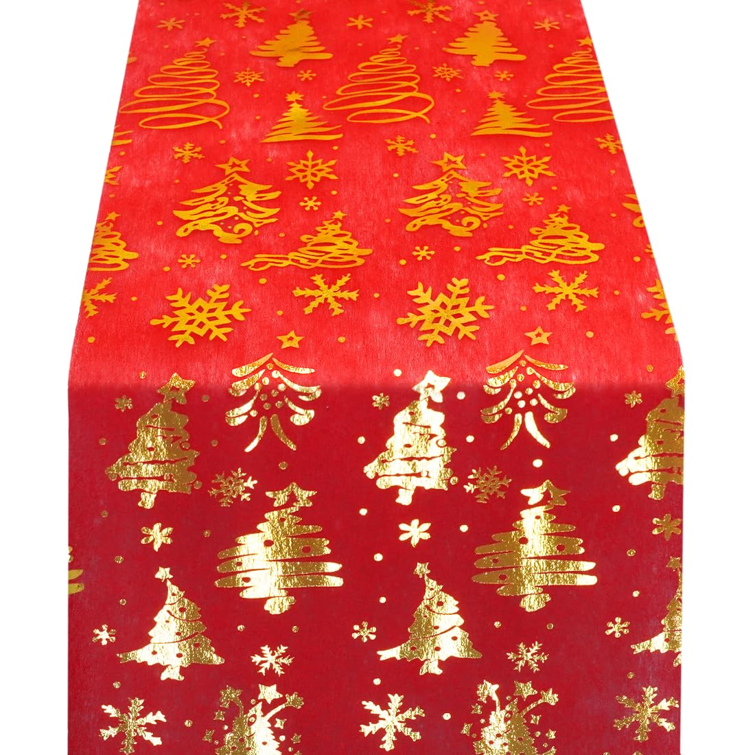 Camino de Mesa Navidad, Table Runner Christmas Rojo, 28CM*500CM Rollo Camino de Mesa con Patrón de árbol de Navidad Dorado, Decoración Navideños Camino de Mesa, para Navidad, Cena