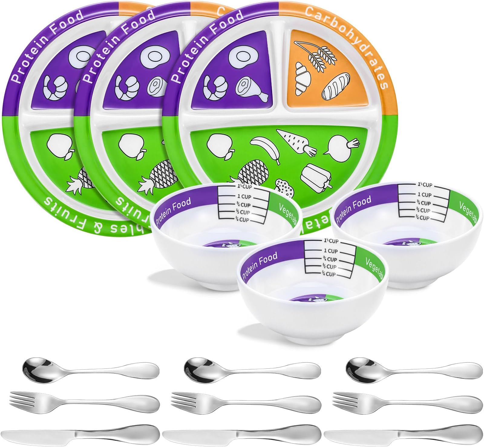 Jingmore 3 Set Portion Control Starter Kit Bariatric Portion Control Plate and Bariatric Surgery Bowl Stainless Steel Flatware Set for Adults Balanced Eating Weight Loss Serving Decorations