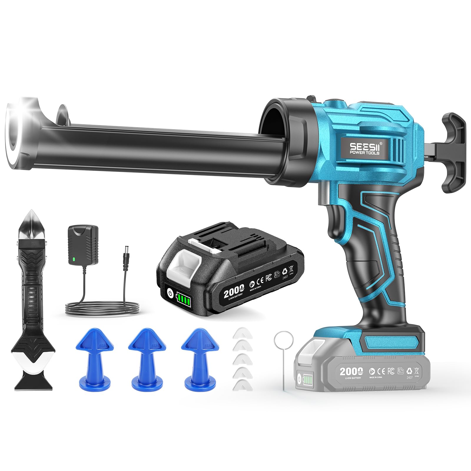 SEESII Electric Caulking Gun-Cordless Caulk Gun with 2000 mAh Battery, 4 Speed Adjustable, LED Light, Electric Silicone Gun Compatible with Makita 18V Battery for 10oz/300ml Cartridges