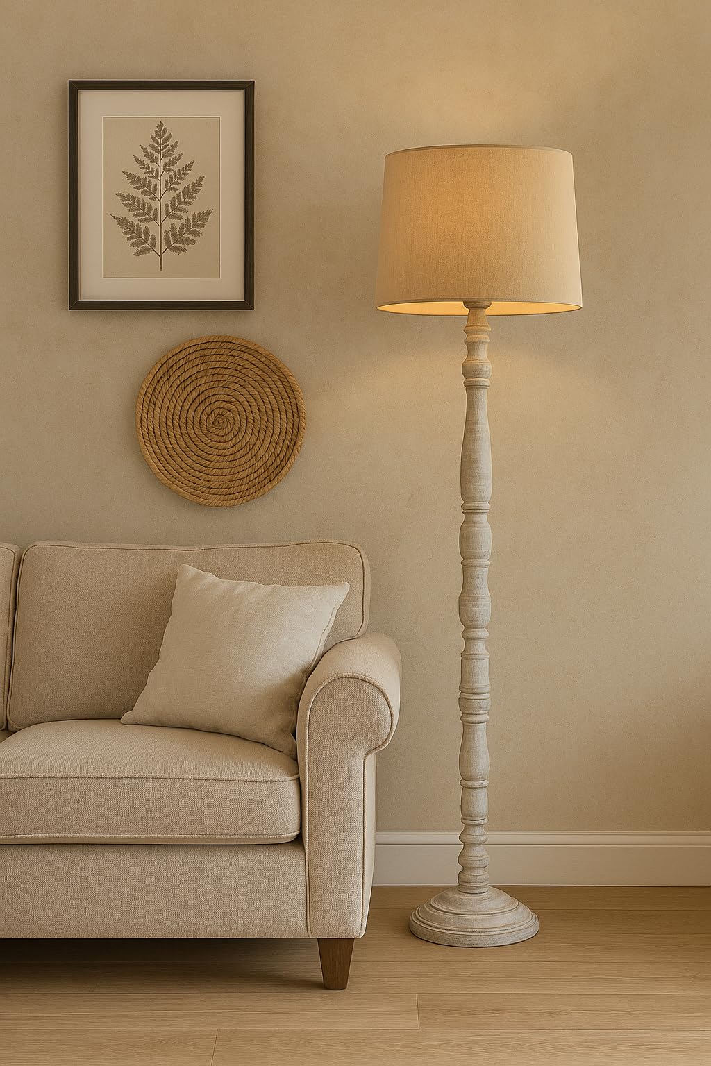 Rustic White Wooden Floor Lamp with Fabric Shade | Farmhouse Standing Lamp for Living Room, Bedroom & Office | Tall Decorative Lamp with Warm Ambient Light (Rustic White Beige)-picture-21