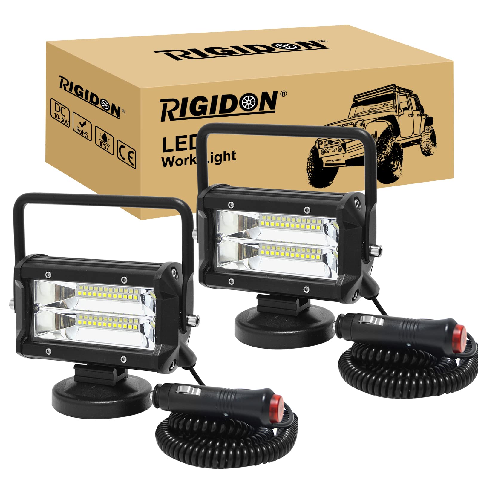 RIGIDON 2 Pcs Lámpara LED Trabajo Portátil, 5 Pulgadas 72W, con Imán para Off Road, Camión, Coche, Todoterreno, SUV, 4x4 Vehículos - 12v 24v, 6000K