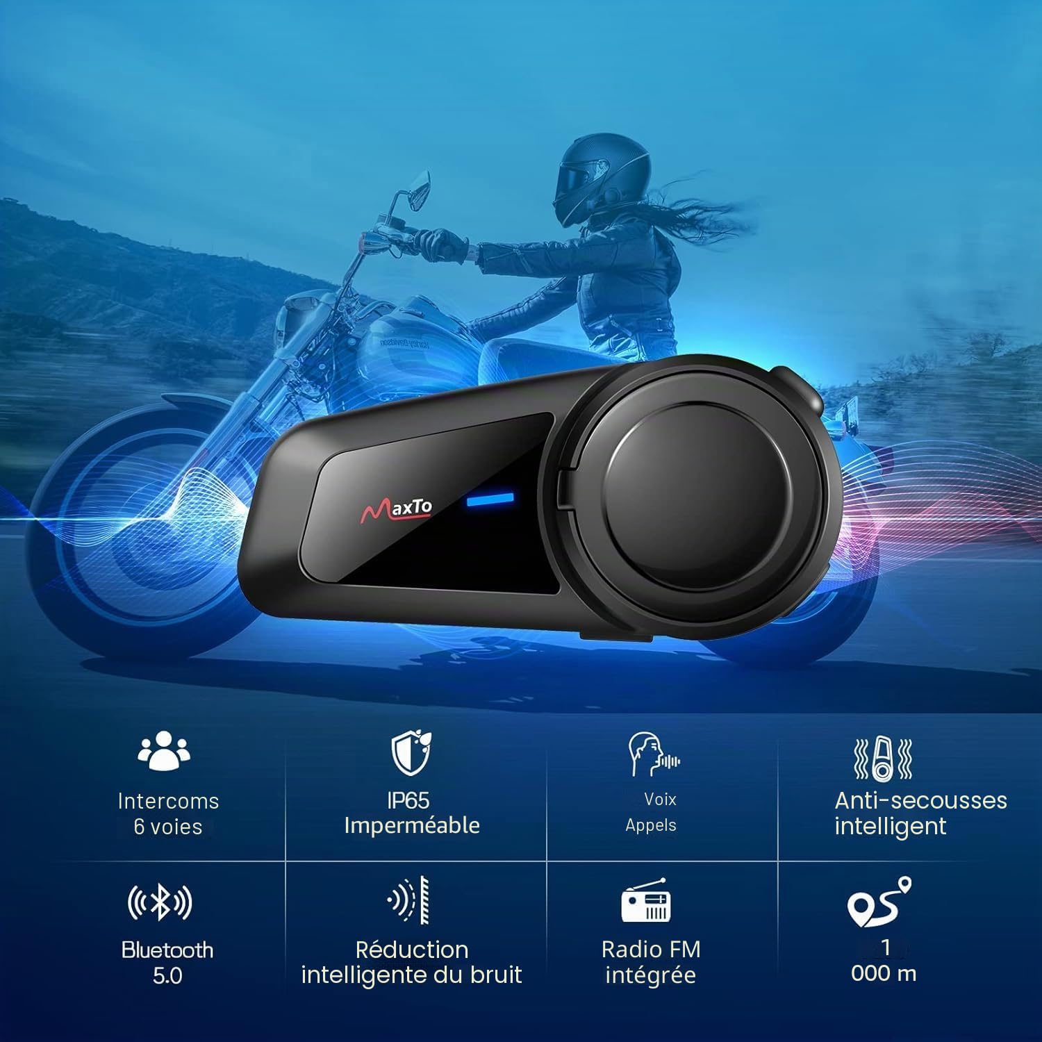 MAXTO Intercom Moto Kit Bluetooth Casque, M2 2-6 Riders 1000M Kit Main Libre Appairage Universel, BT5.0 Ecouteur avec Suppression du Bruit, IP67 étanche, Partage de Musique