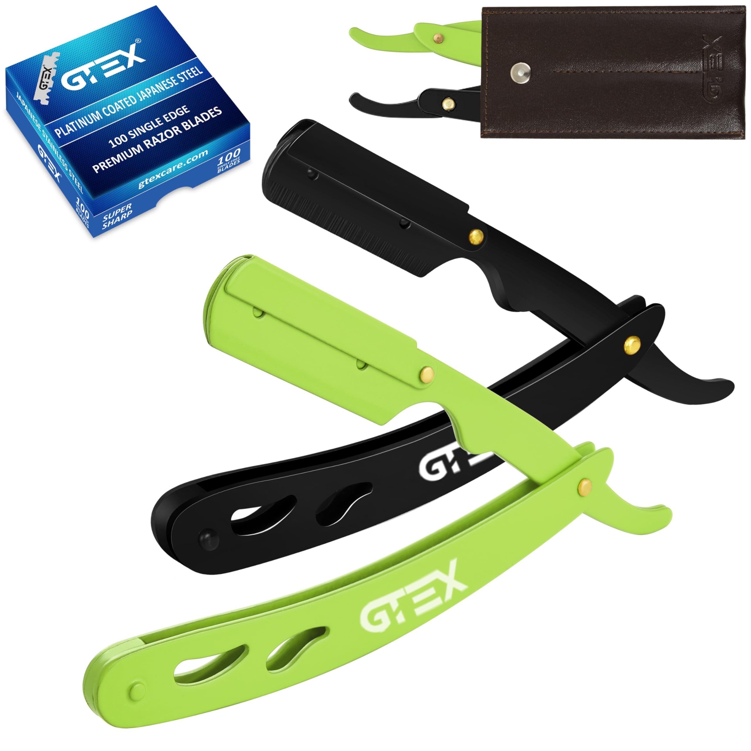 Navaja Afeitar de GTEX - Navaja de Afeitar Hombre Rectas (2 Pack) con 100 GTEX Premium Cuchillas de Afeitar Barbero y Funda de Cuero - Straight Edge Razor Barber
