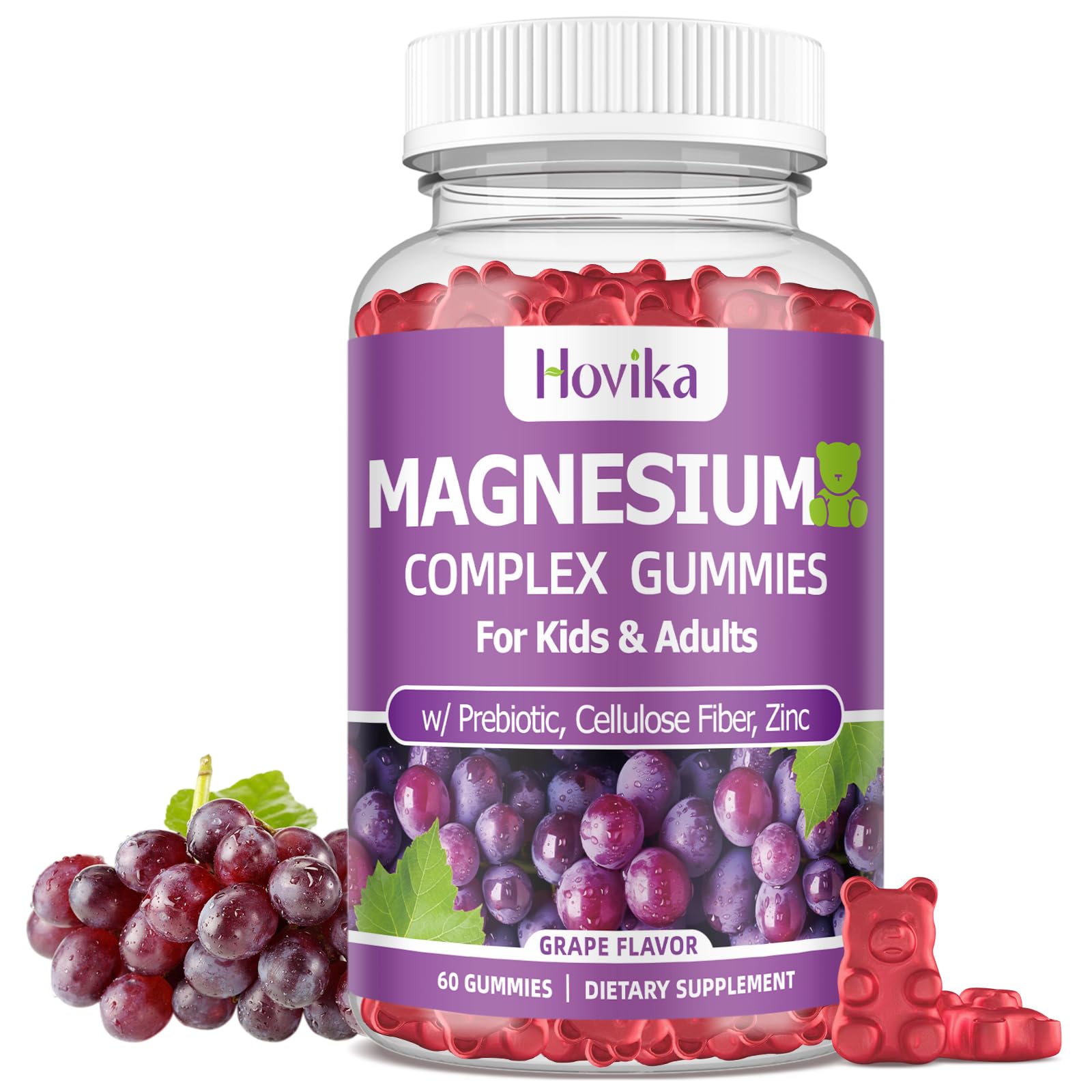 Magnesium Gummies for Kids - Magnesium Glycinate, Citrate, Prebiotic, Zinc - Kids & Adults Magnesium Complex Calm Gummies for Nerve Bone & Muscle Health for Kids Wellness, Vegan Grape Flavor 60 Count Grape 60 Count (Pack of 1)