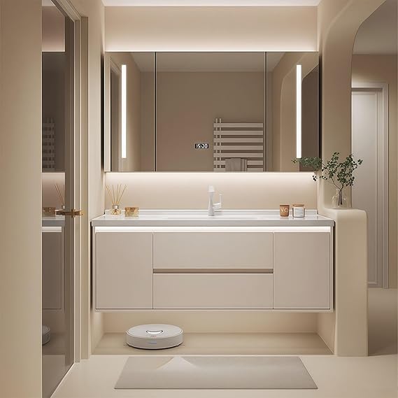 Modern Wall Mounted Floating Bathroom Vanity with Integrated Ceramic Sink, No Assembly Required, Hanging LED Intelligent Lighted Sensor and Demisting Mirror, Cabinet Spaces