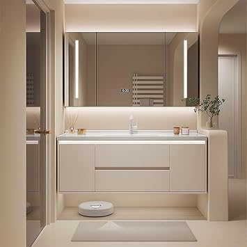 Modern Wall Mounted Floating Bathroom Vanity with Integrated Ceramic Sink, No Assembly Required, Hanging LED Intelligent Lighted Sensor and Demisting Mirror, Cabinet Spaces