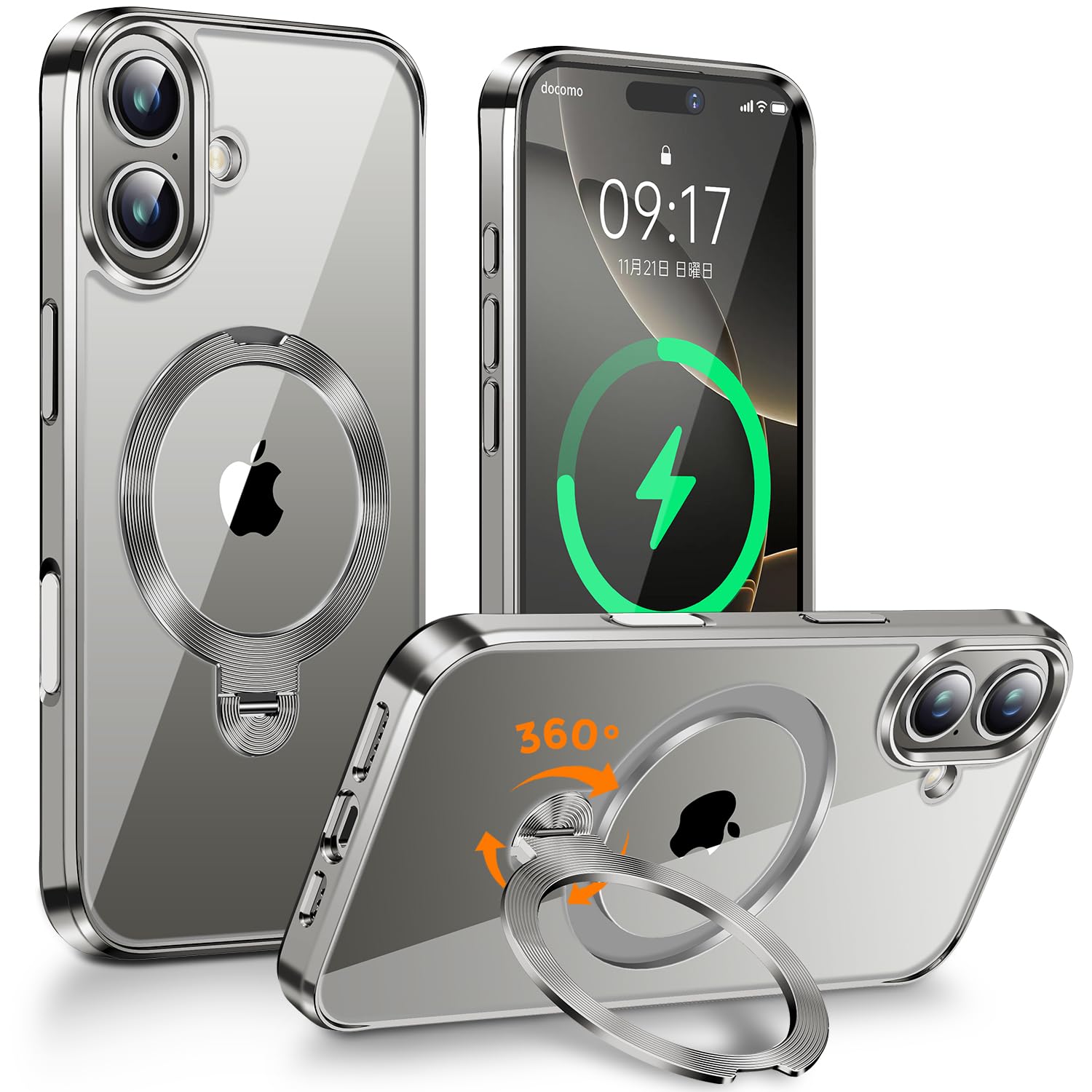 【360°回転無制限・縦横両対応】FONKCASE iPhone 16 用 ケース Magsafe対応 CDリング・スタンド一体 (グレー)