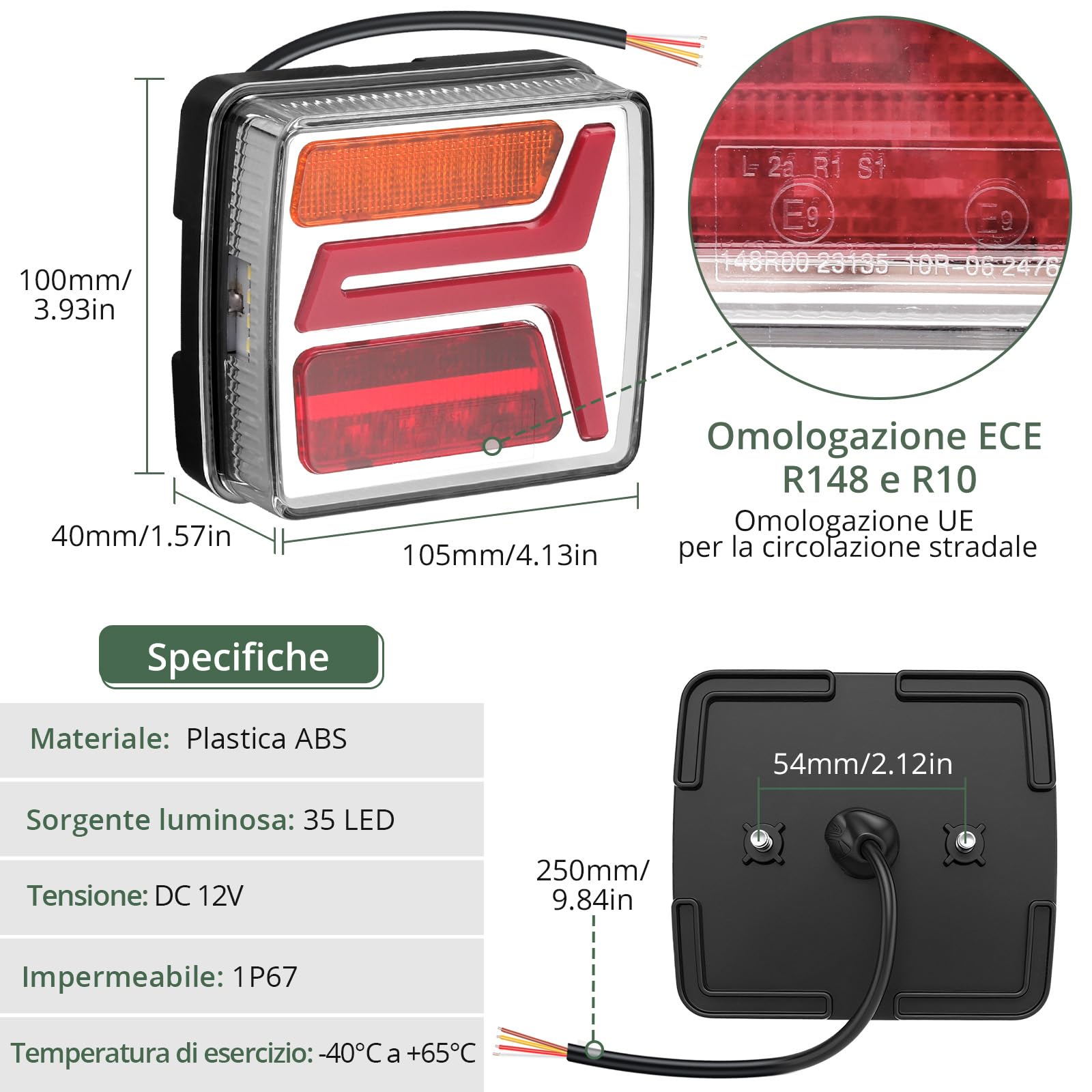 EYPINS 35 LED Luci Posteriori per Rimorchio Senza Fili,IP67 Impermeabile,Cavo da 25cm,12V Kit Fanali Posteriori per Rimorchio,Trattore,Caravan,E9 R148 R10