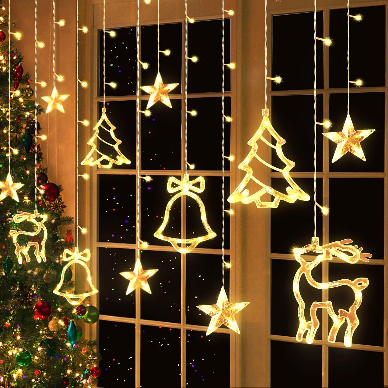 Cortina de Luces Navideñas, Euakee Luces De Ventana De Navidad, Lámpara de Succión, Novedad Cadena de Luces con Colgando Adornos de Figuras de Navidad para Ventana, Pared, Chimenea