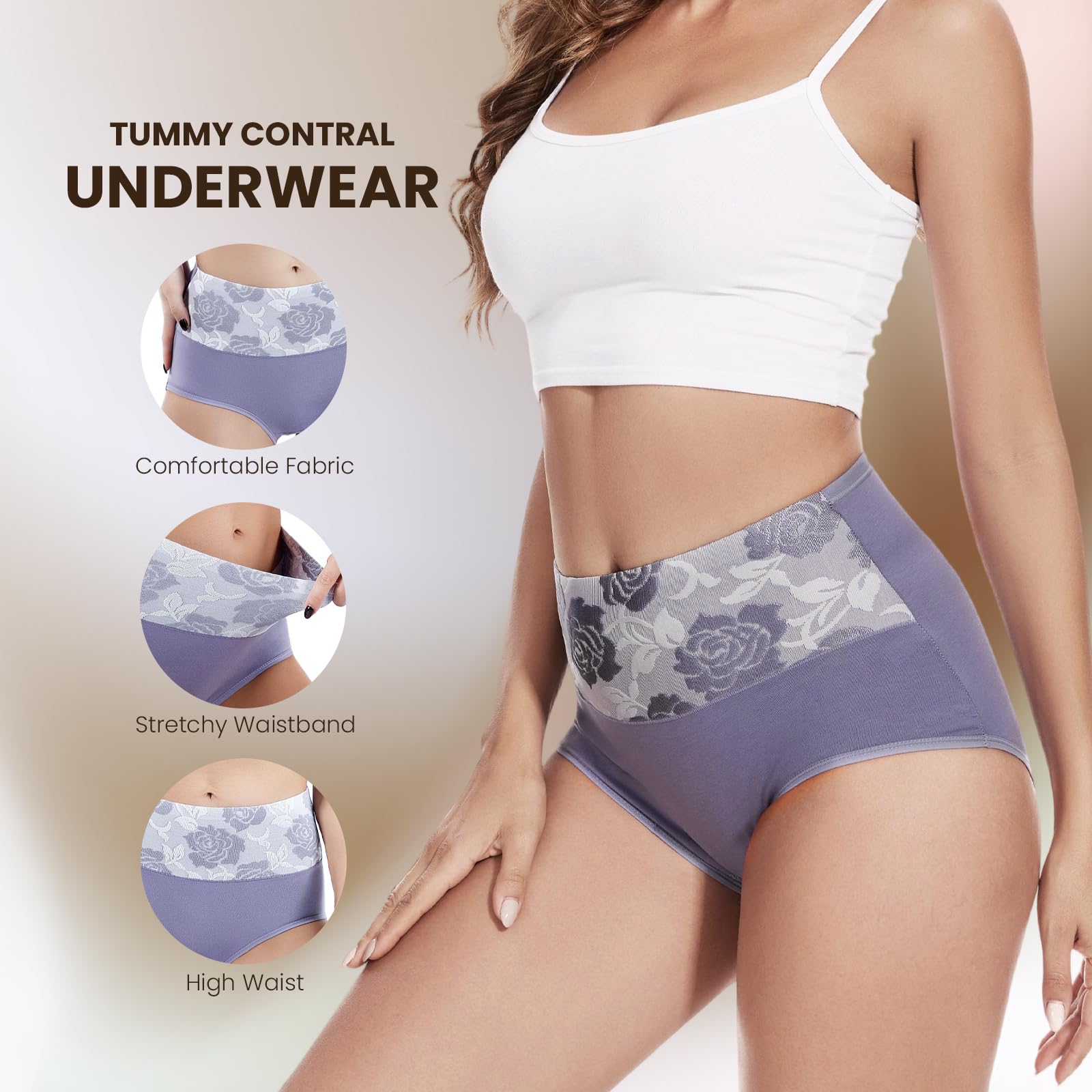 Honzadar Unterhosen Damen Baumwolle Hohe Taille Unterwäsche Stretch Bauchkontrolle Taillenslip,Mehrpack.