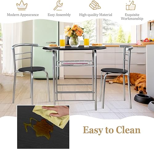 Miniatura 5 de ARLIME Juego de comedor de 3 piezas, mesa de cocina redonda con 2 sillas, marco de acero y estante para vino, mesa de cocina pequeña para