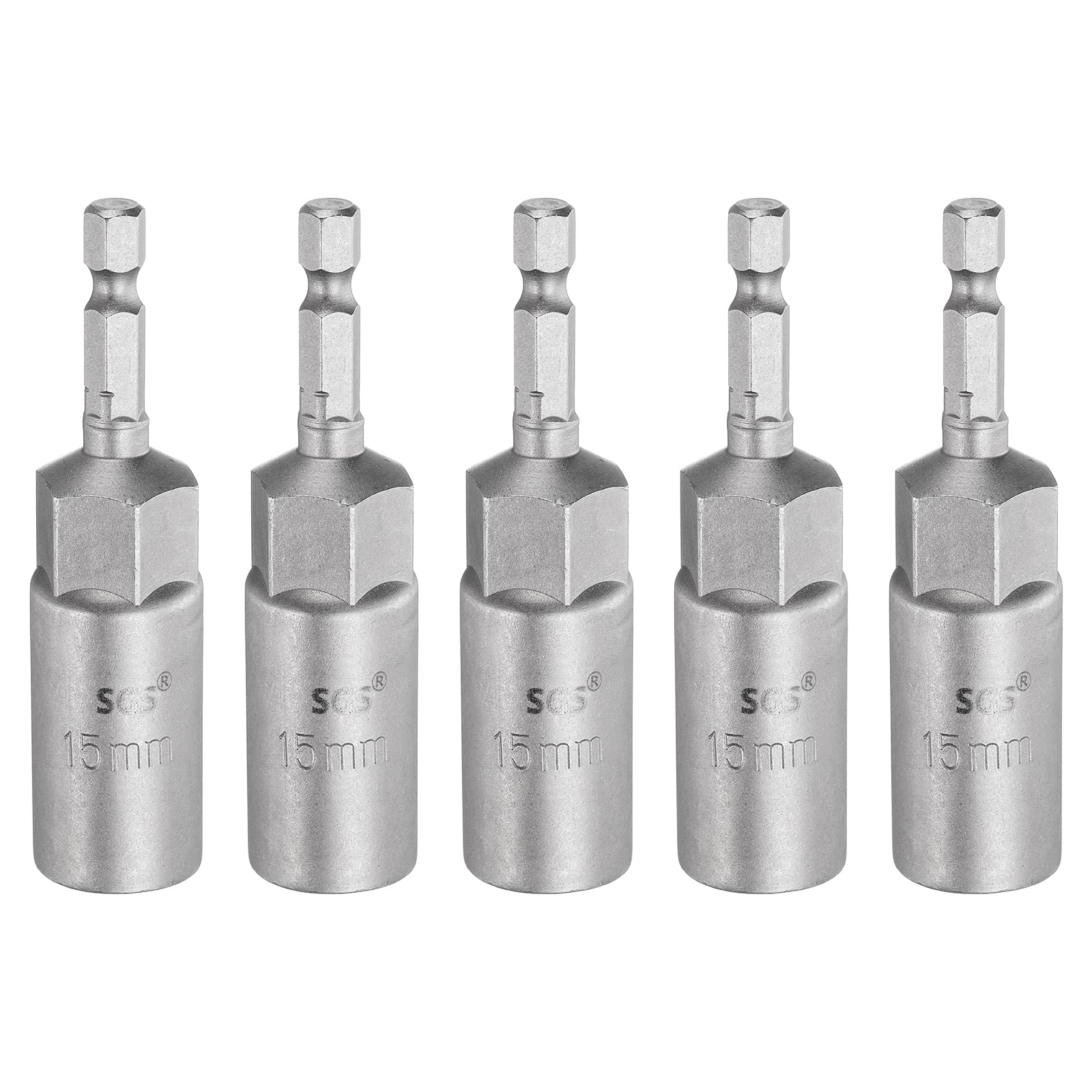 sourcing map 5pcs Nut Driver Drill Bit 15mm Metric Socket 1/4" Hex Shank 3.15" (80mm) Long 6-Point Sockets Quick Change CR-V Steel Bolt Setters for Power Drill Drivers